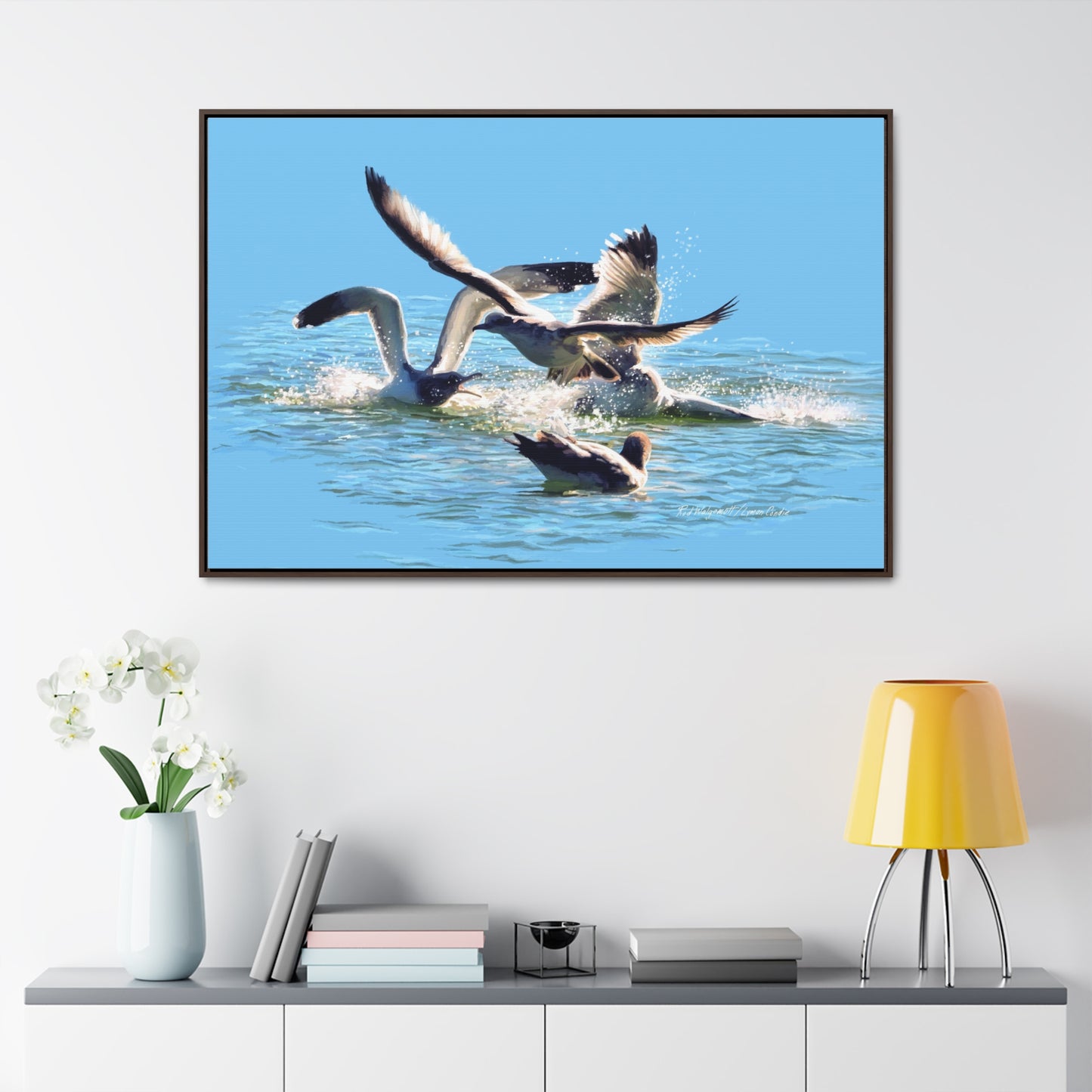 Stretched Canvas Print in Wood Frame, Gull Fight on Stansbury Lake, by Rod Walgamott