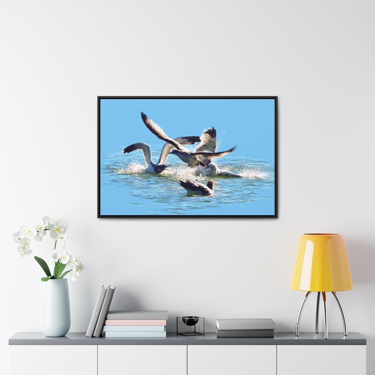 Stretched Canvas Print in Wood Frame, Gull Fight on Stansbury Lake, by Rod Walgamott