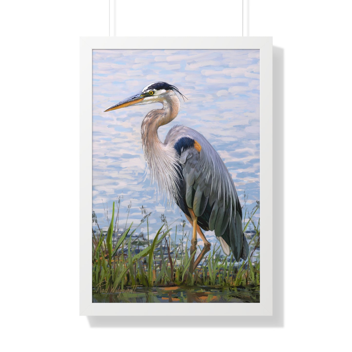Framed Matte Print, Blue Heron at Stansbury Lake, by Rod Walgamott