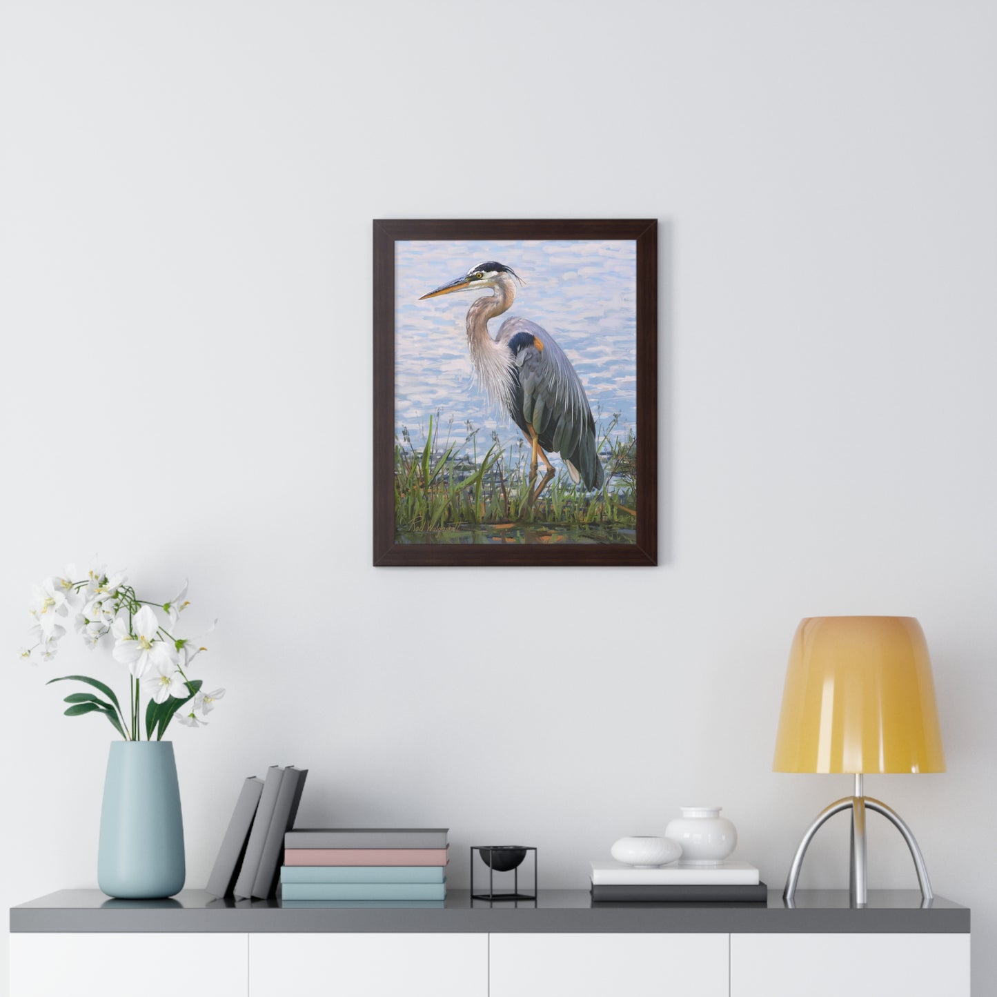 Framed Matte Print, Blue Heron at Stansbury Lake, by Rod Walgamott
