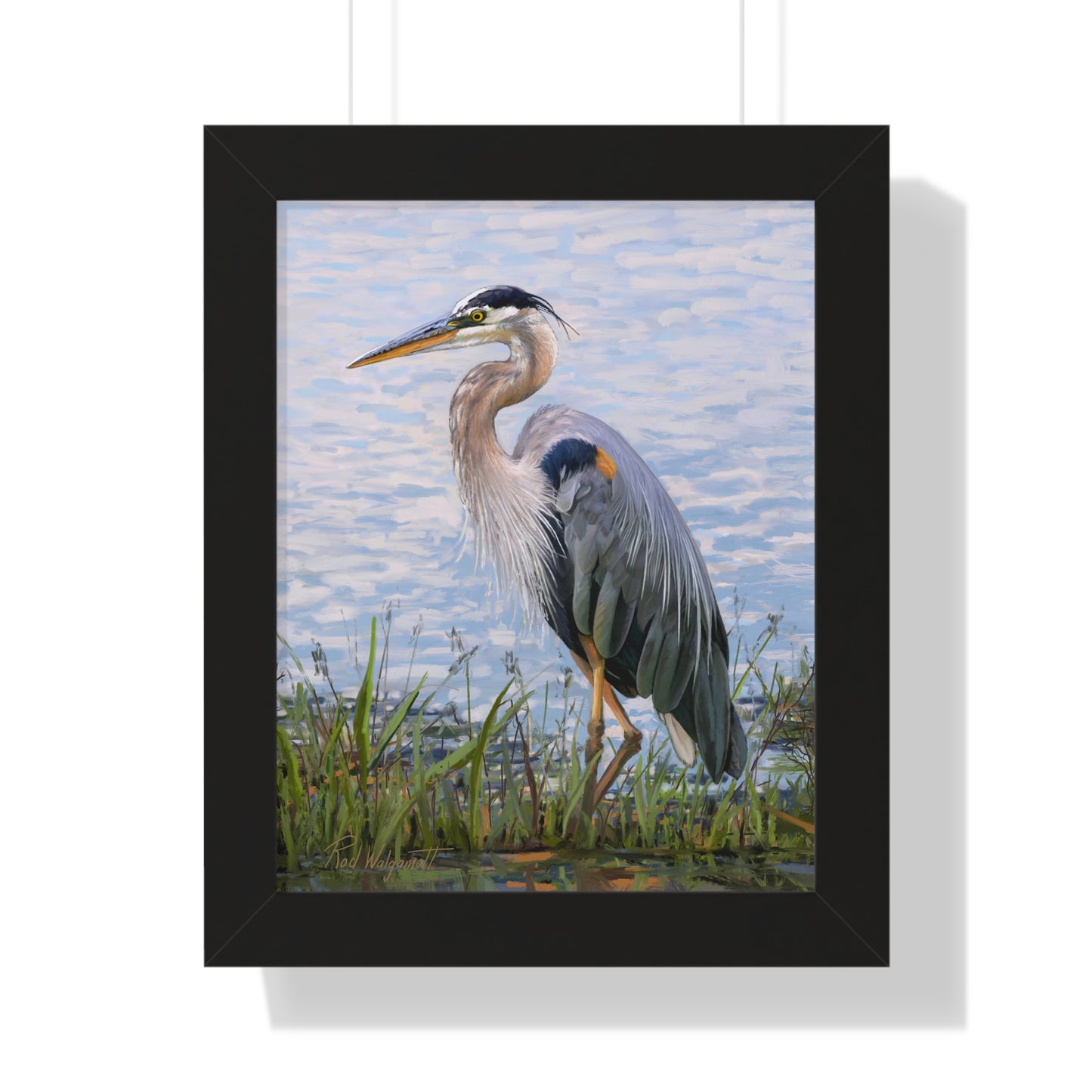Framed Matte Print, Blue Heron at Stansbury Lake, by Rod Walgamott
