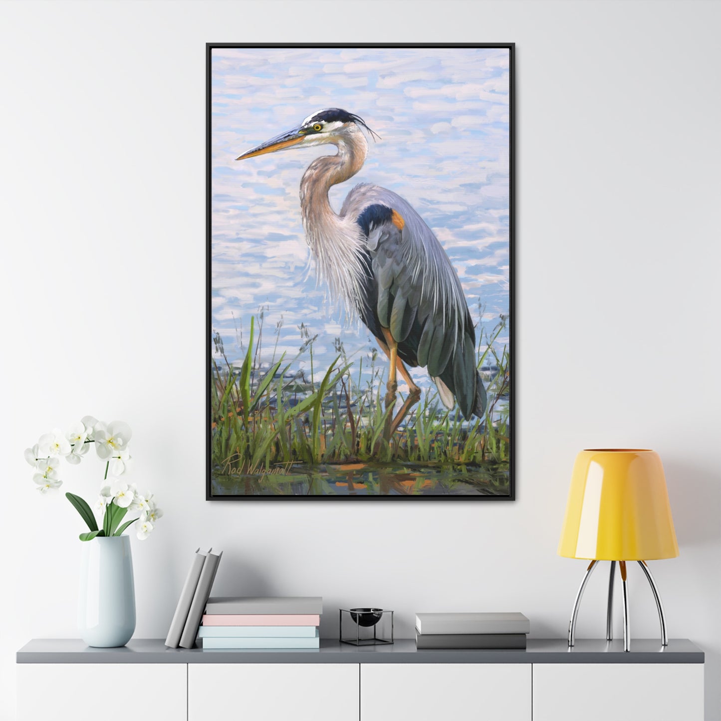 Framed canvas Wrap, Blue Heron at Stansbury Lake, by Rod Walgamott
