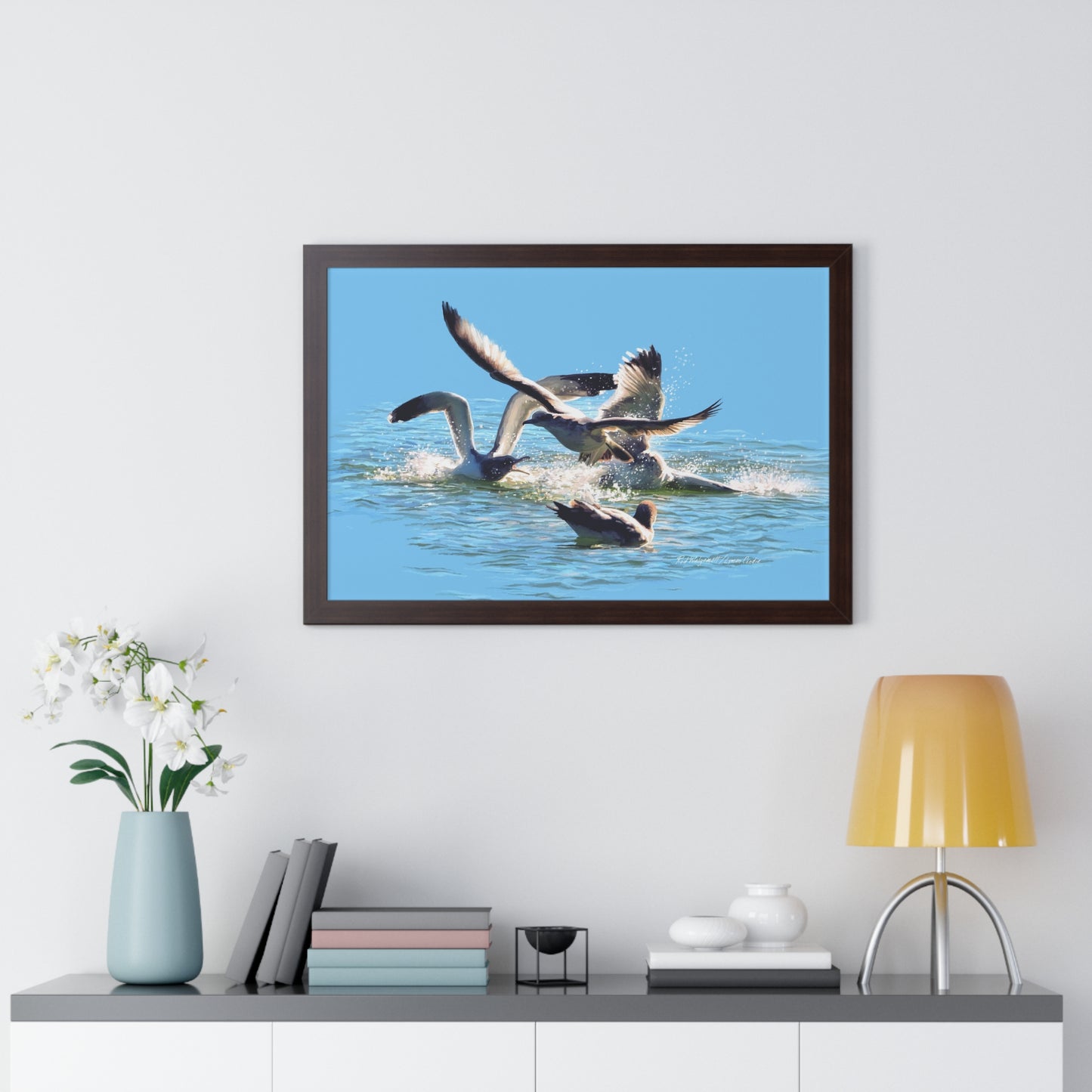 Framed Matte Print, Gull Fight on Stansbury Lake, by Rod Walgamott