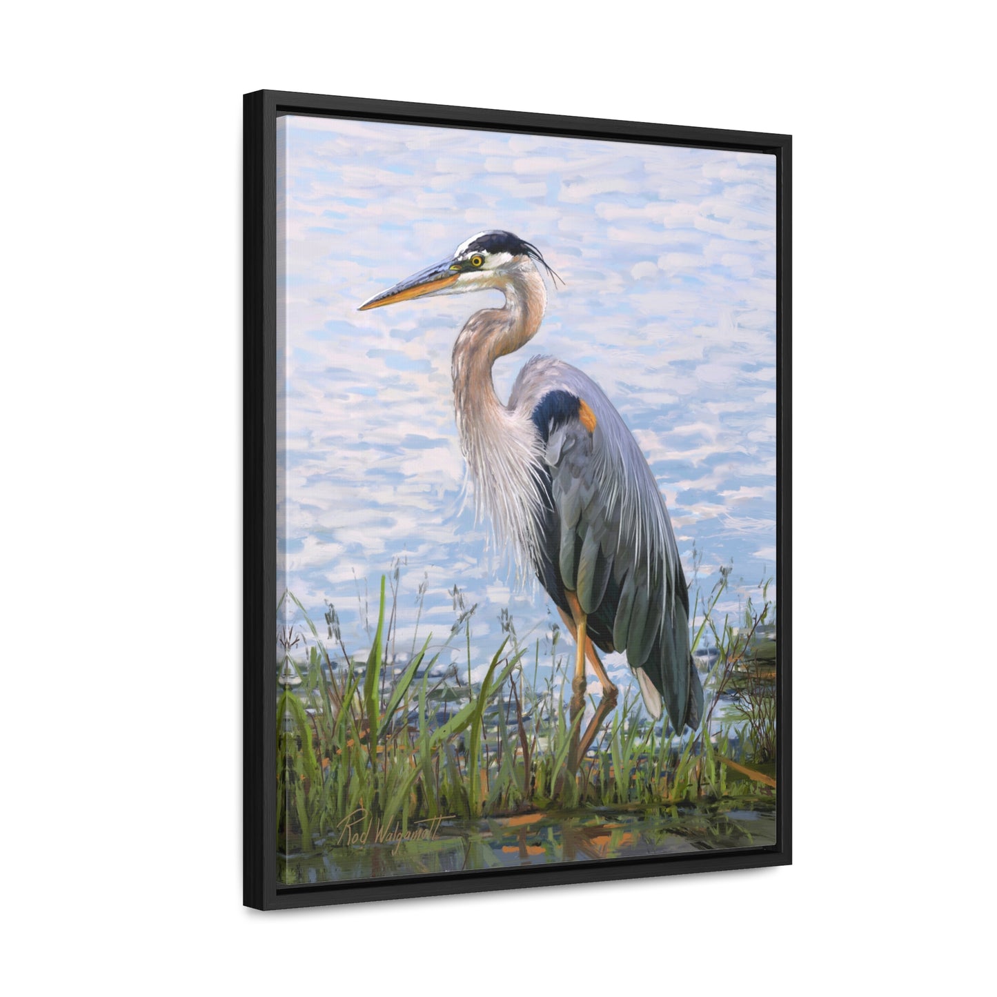 Framed canvas Wrap, Blue Heron at Stansbury Lake, by Rod Walgamott