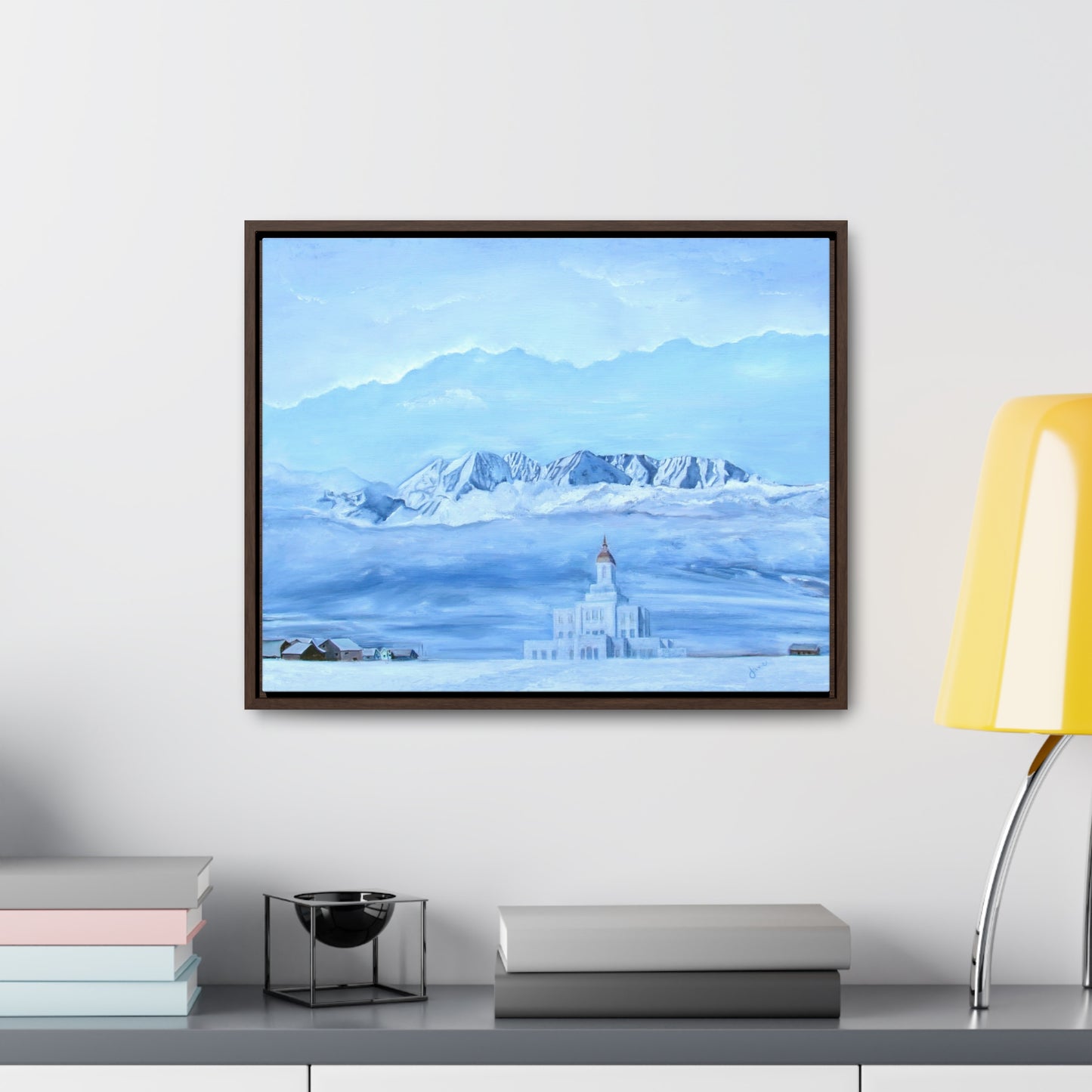 Stretched Canvas Print in Wood Frame--Deseret Peak Temple--Hope in the Bleak of winter by Jane Autry