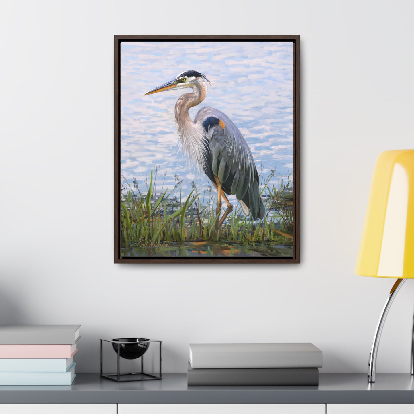 Framed canvas Wrap, Blue Heron at Stansbury Lake, by Rod Walgamott