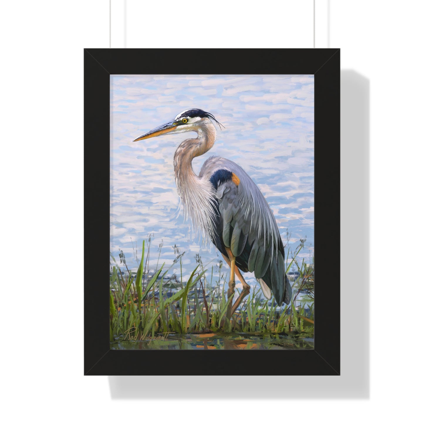 Framed Matte Print, Blue Heron at Stansbury Lake, by Rod Walgamott