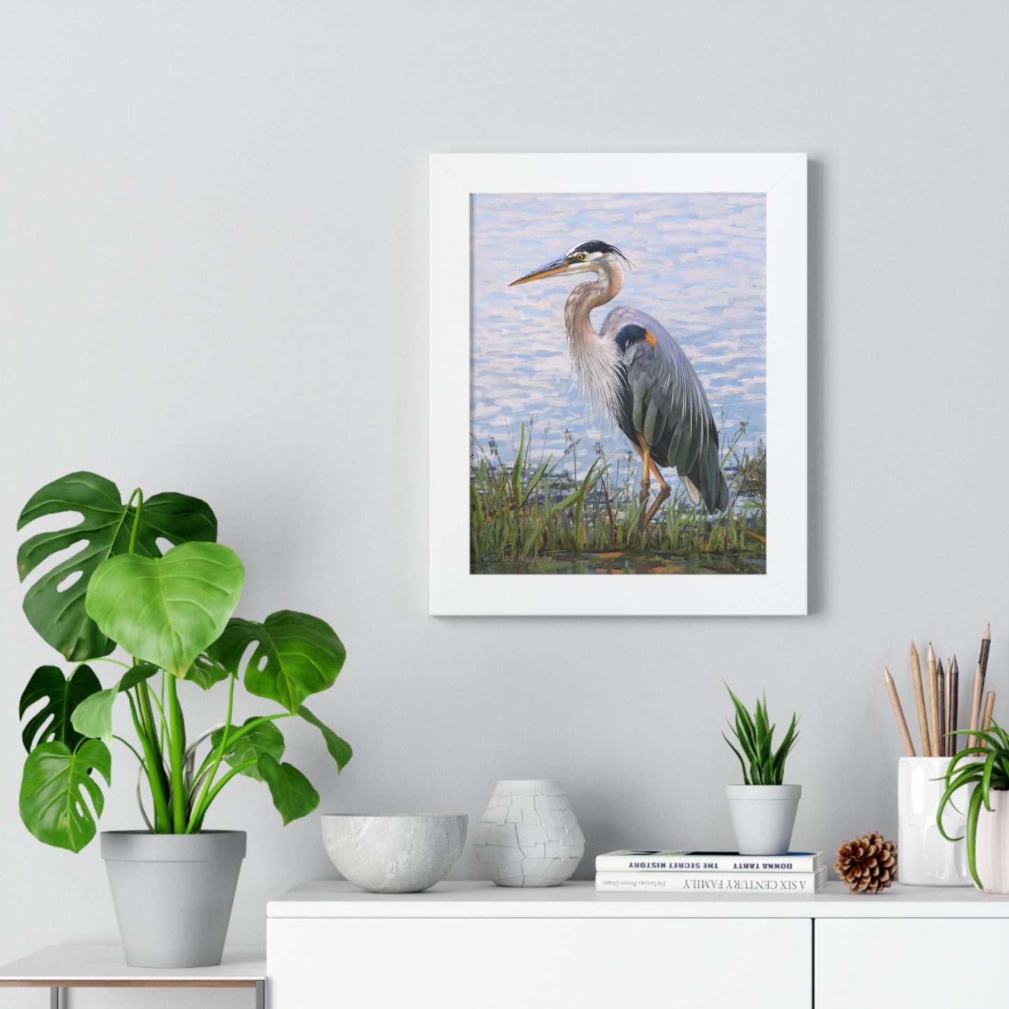 Framed Matte Print, Blue Heron at Stansbury Lake, by Rod Walgamott