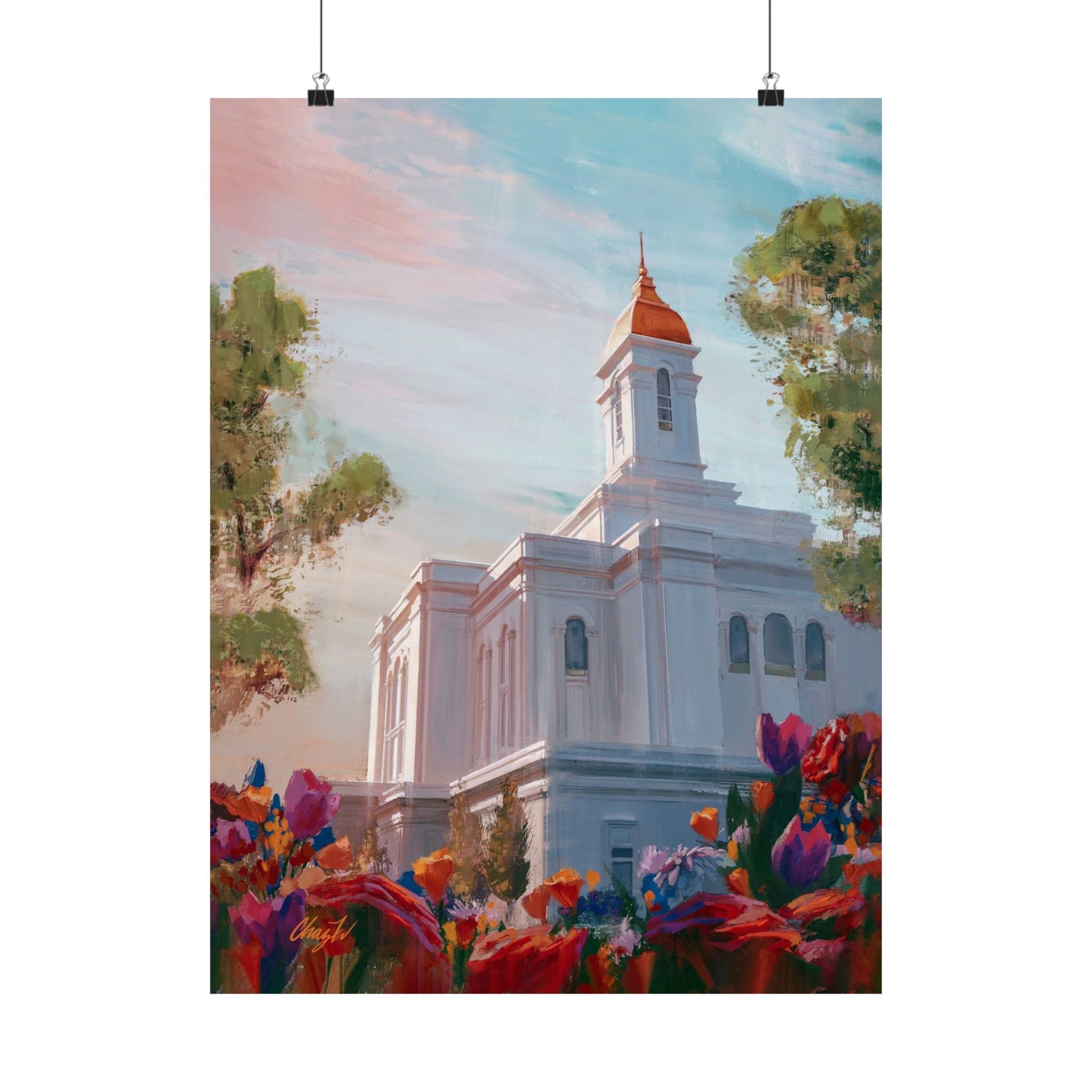 Premium Matte Paper Print, Deseret Peak Temple--Spring Flowers, by Chaz Walgamott