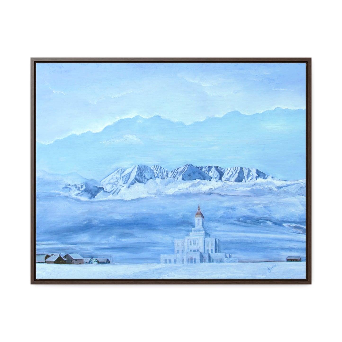 Stretched Canvas Print in Wood Frame--Deseret Peak Temple--Hope in the Bleak of winter by Jane Autry