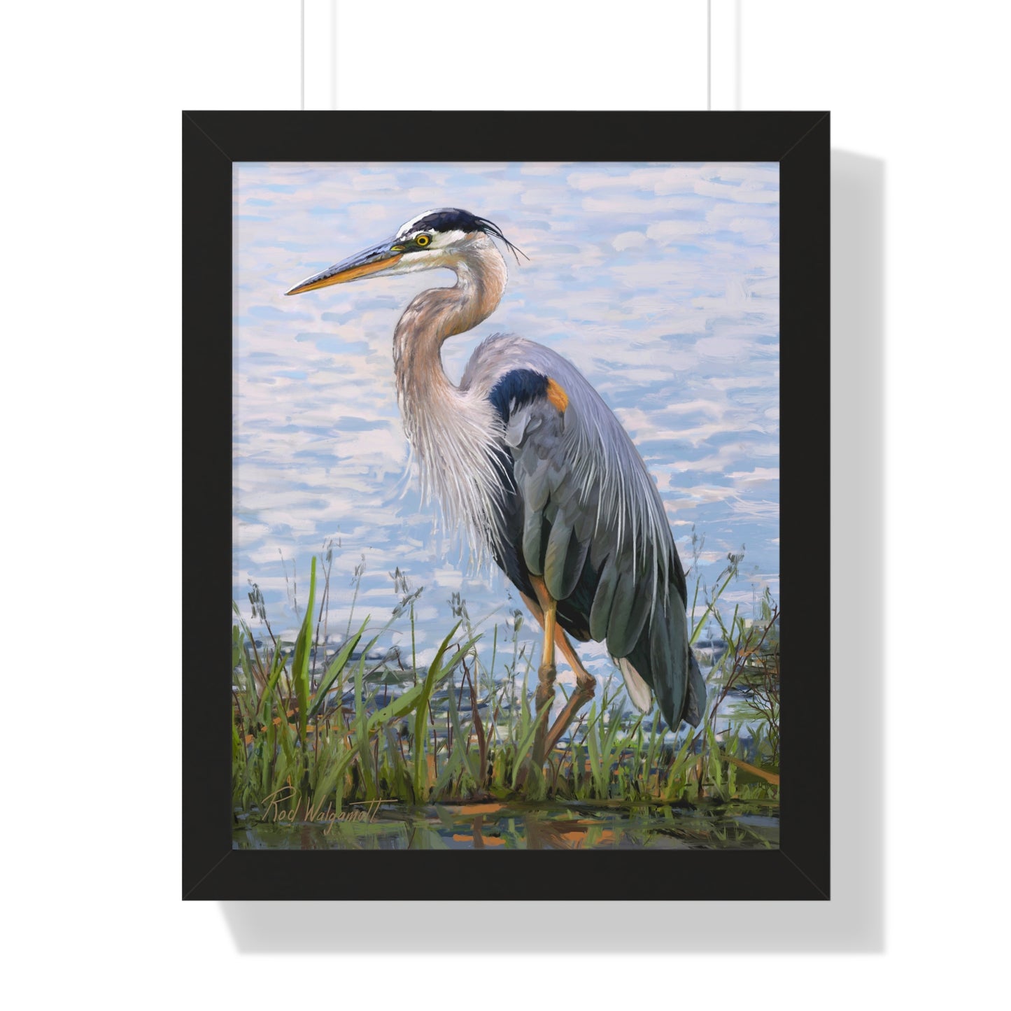 Framed Matte Print, Blue Heron at Stansbury Lake, by Rod Walgamott