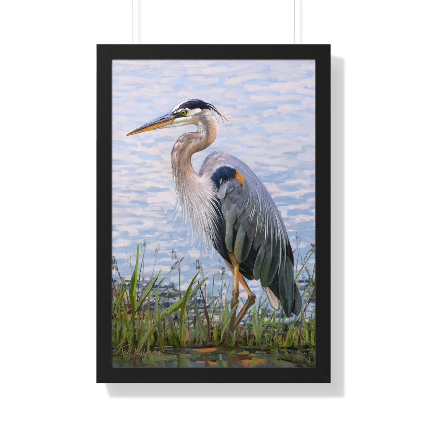 Framed Matte Print, Blue Heron at Stansbury Lake, by Rod Walgamott