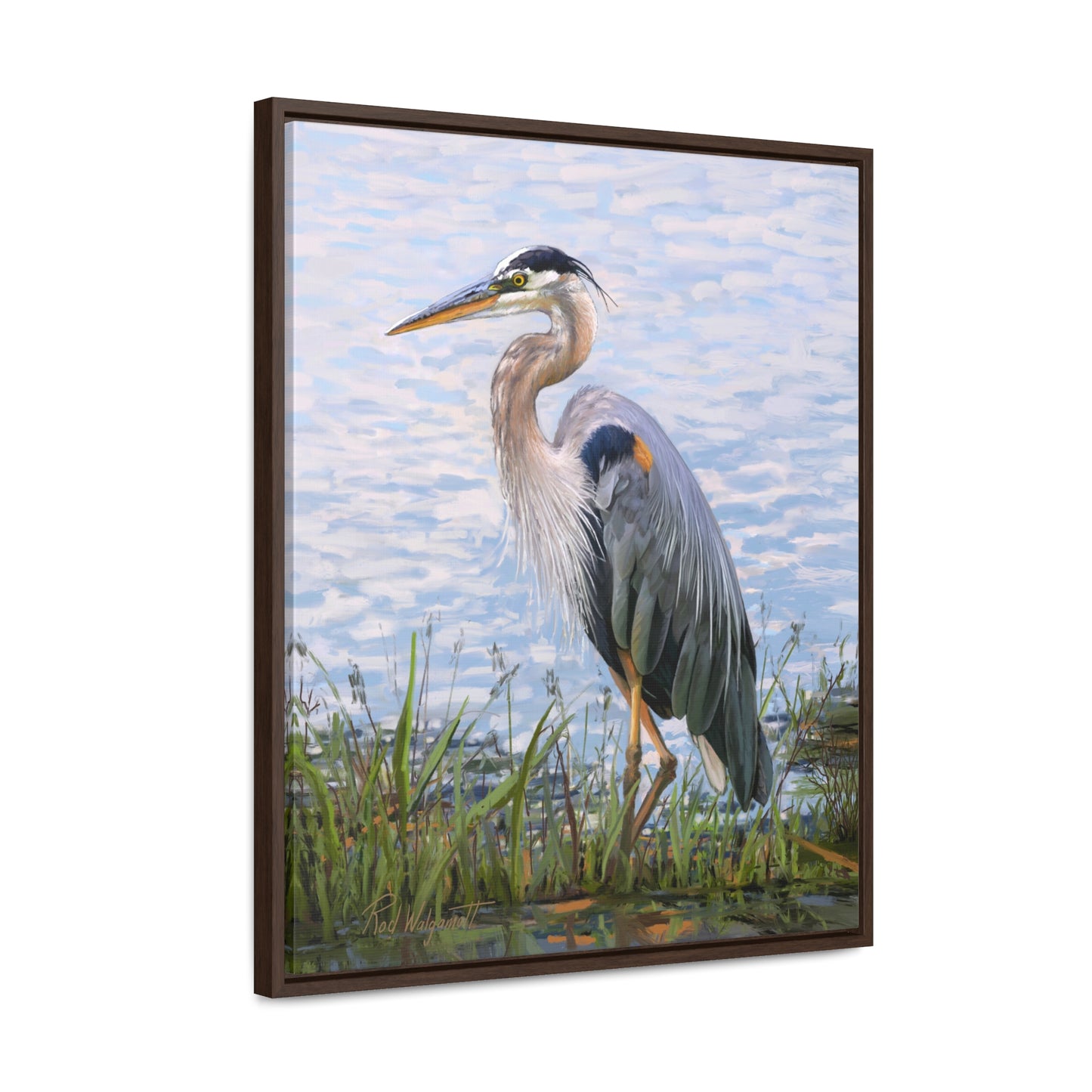 Framed canvas Wrap, Blue Heron at Stansbury Lake, by Rod Walgamott