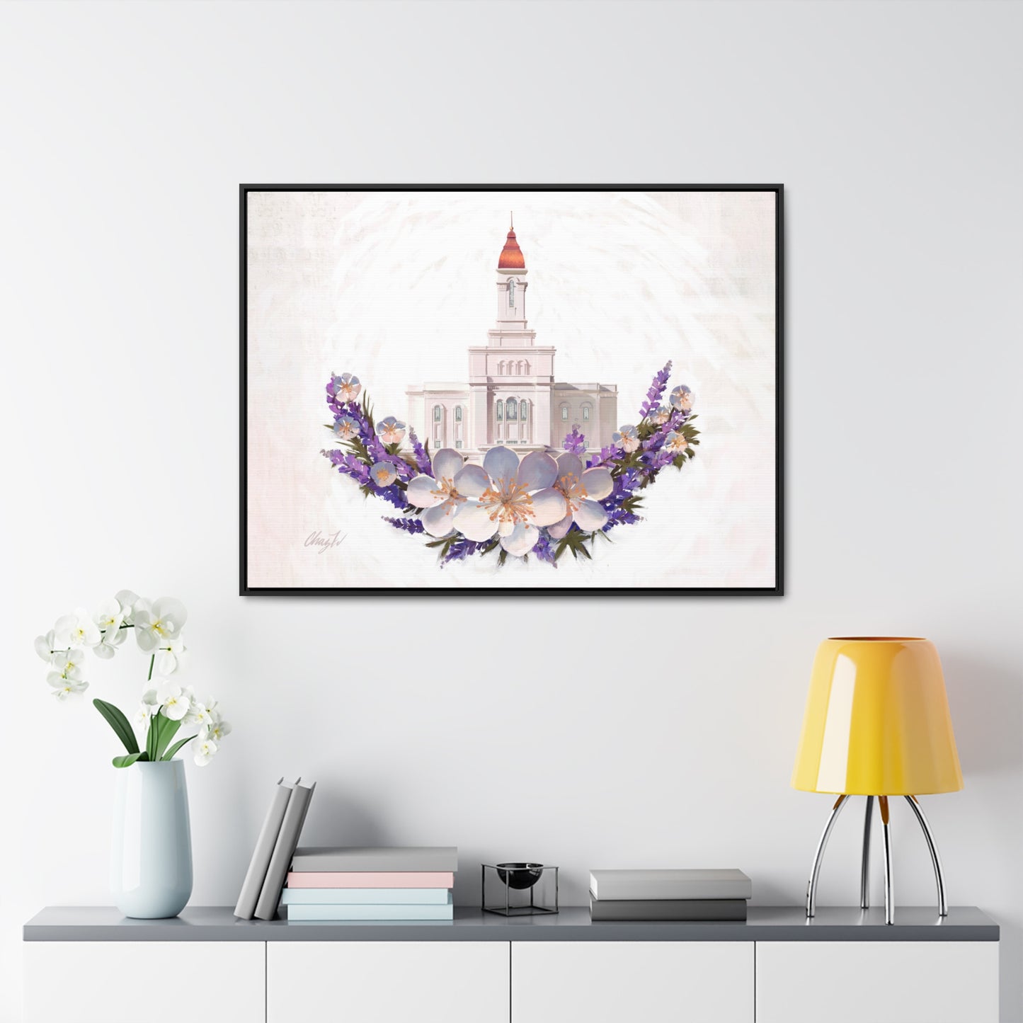Stretched Canvas Print in Wood Frame--Deseret Peak Temple--Floral Wreath, by Chaz Walgamott