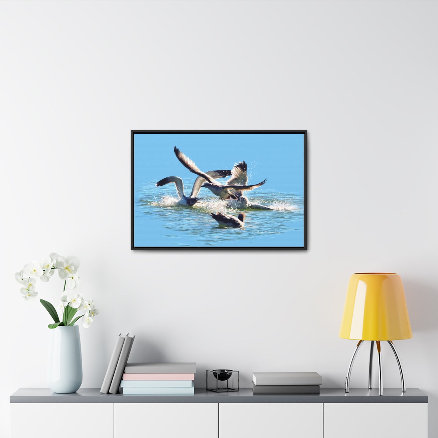 Stretched Canvas Print in Wood Frame, Gull Fight on Stansbury Lake, by Rod Walgamott