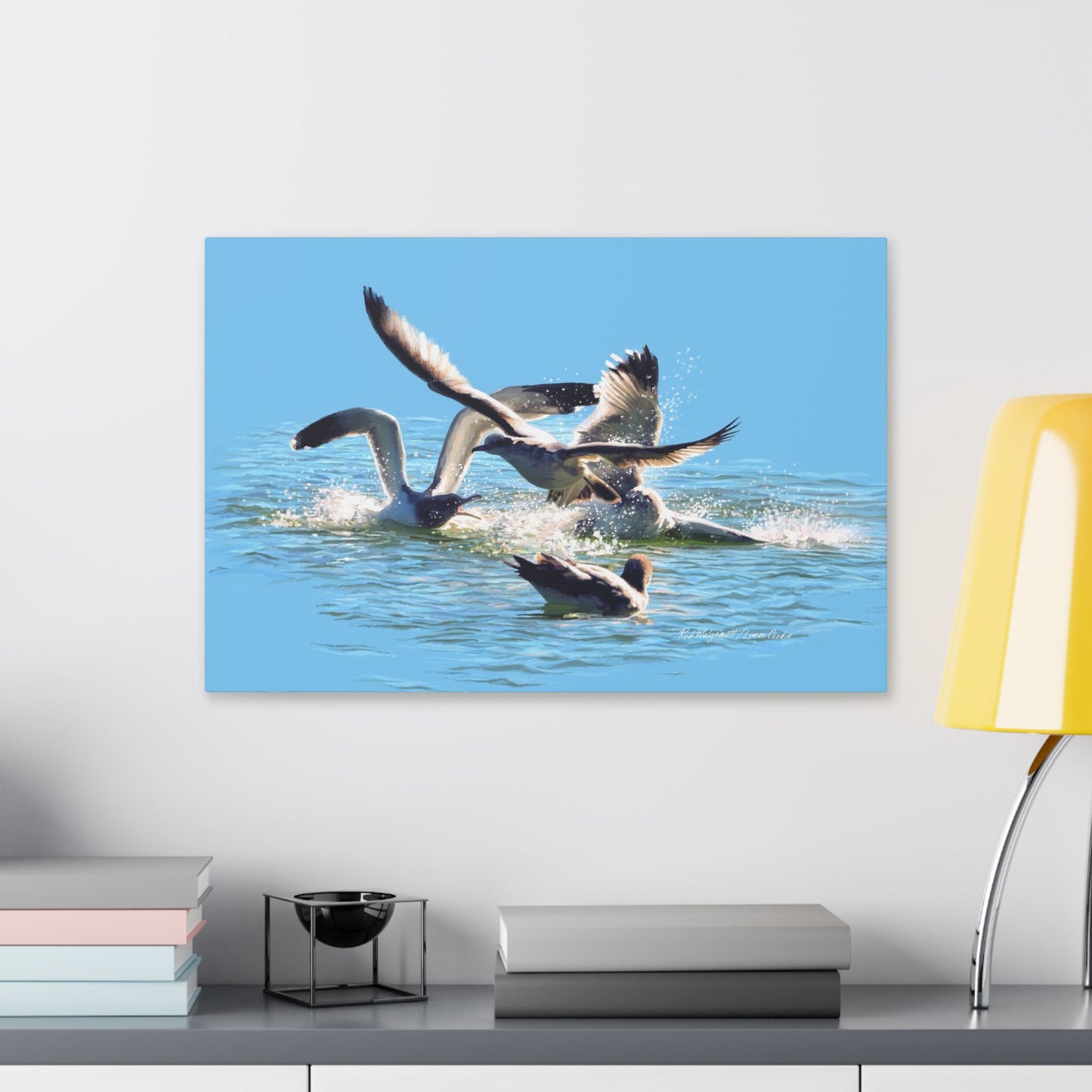 Classic Stretched Canvas, Gull Fight on Stansbury Lake, by Rod Walgamott
