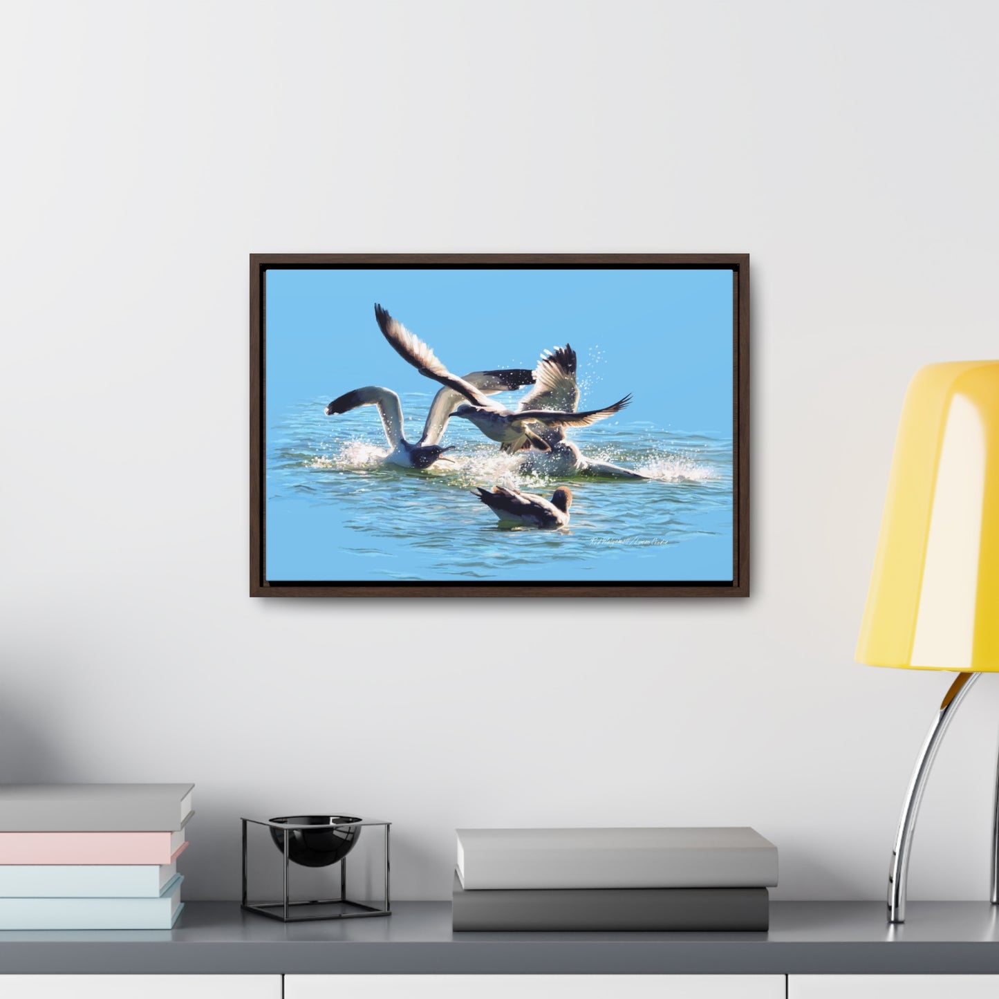 Stretched Canvas Print in Wood Frame, Gull Fight on Stansbury Lake, by Rod Walgamott