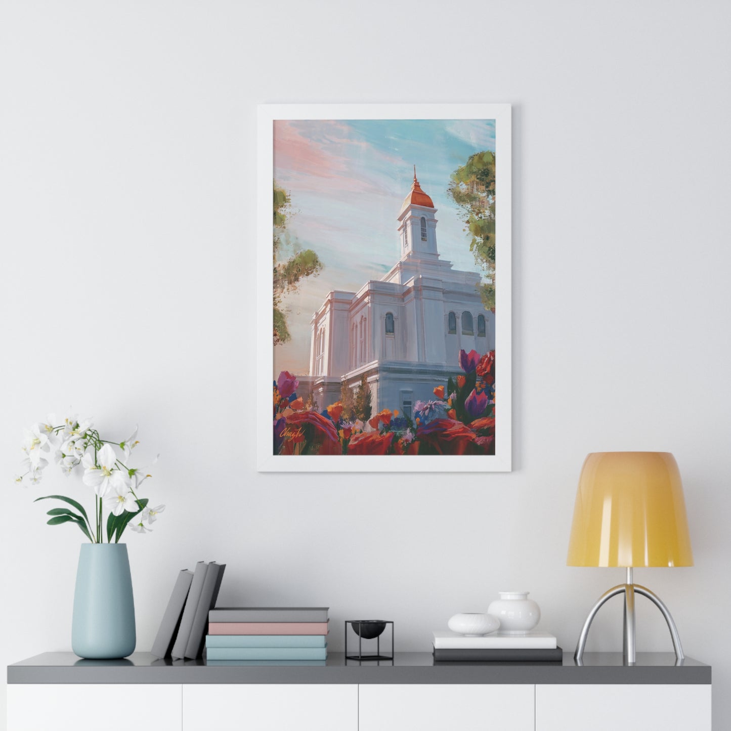 Framed Matte Print, Deseret Peak Temple--Spring Flowers, by Chaz Walgamott