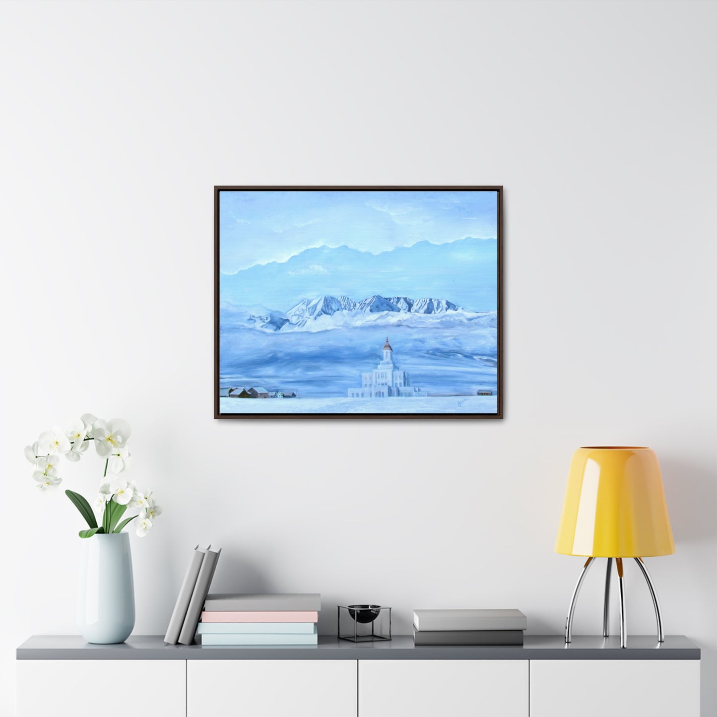 Stretched Canvas Print in Wood Frame--Deseret Peak Temple--Hope in the Bleak of winter by Jane Autry