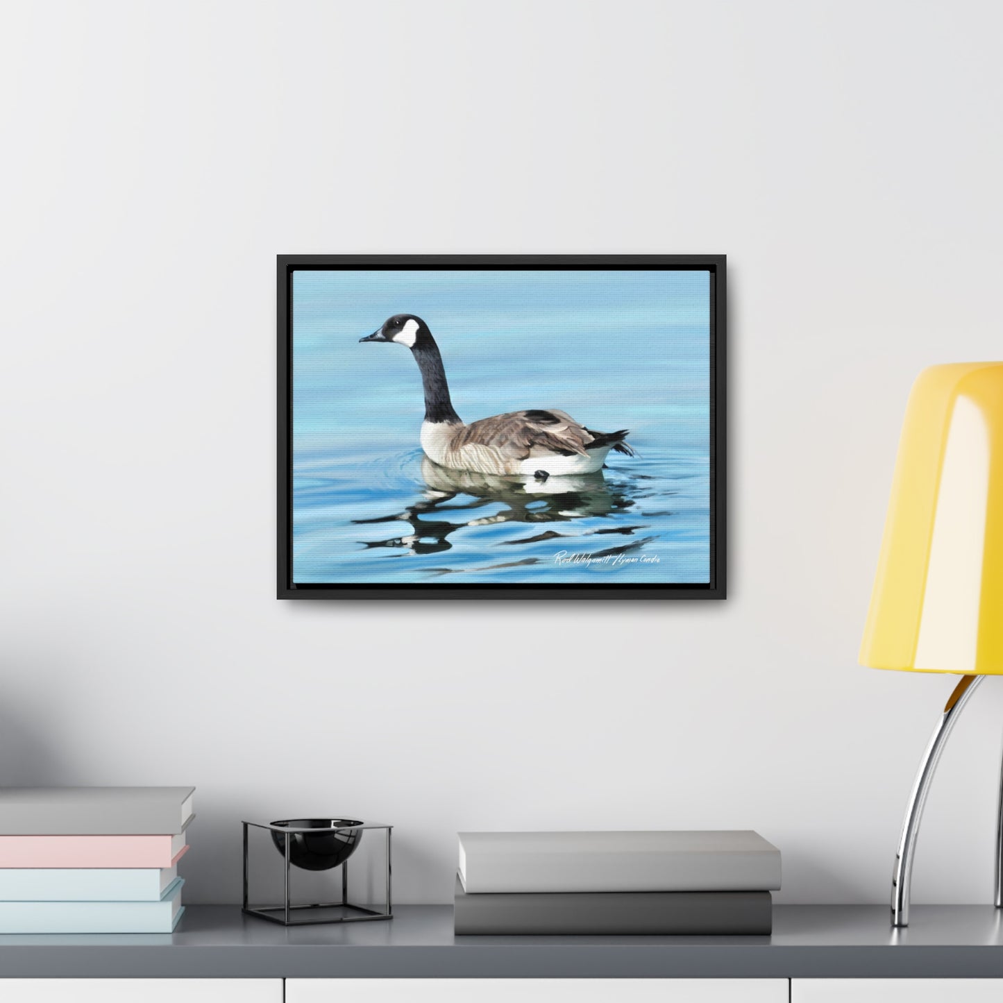 Stretched Canvas Print in Wood Frame, Canada Goose on Stansbury Lake , by Rod Walgamott