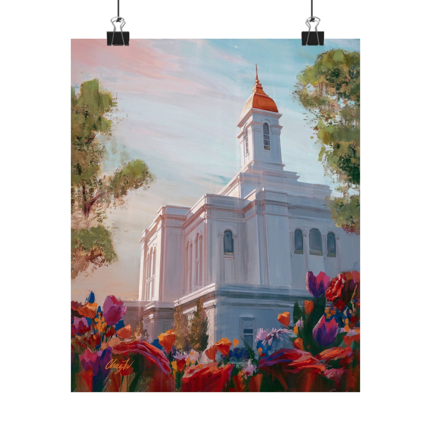 Premium Matte Paper Print, Deseret Peak Temple--Spring Flowers, by Chaz Walgamott