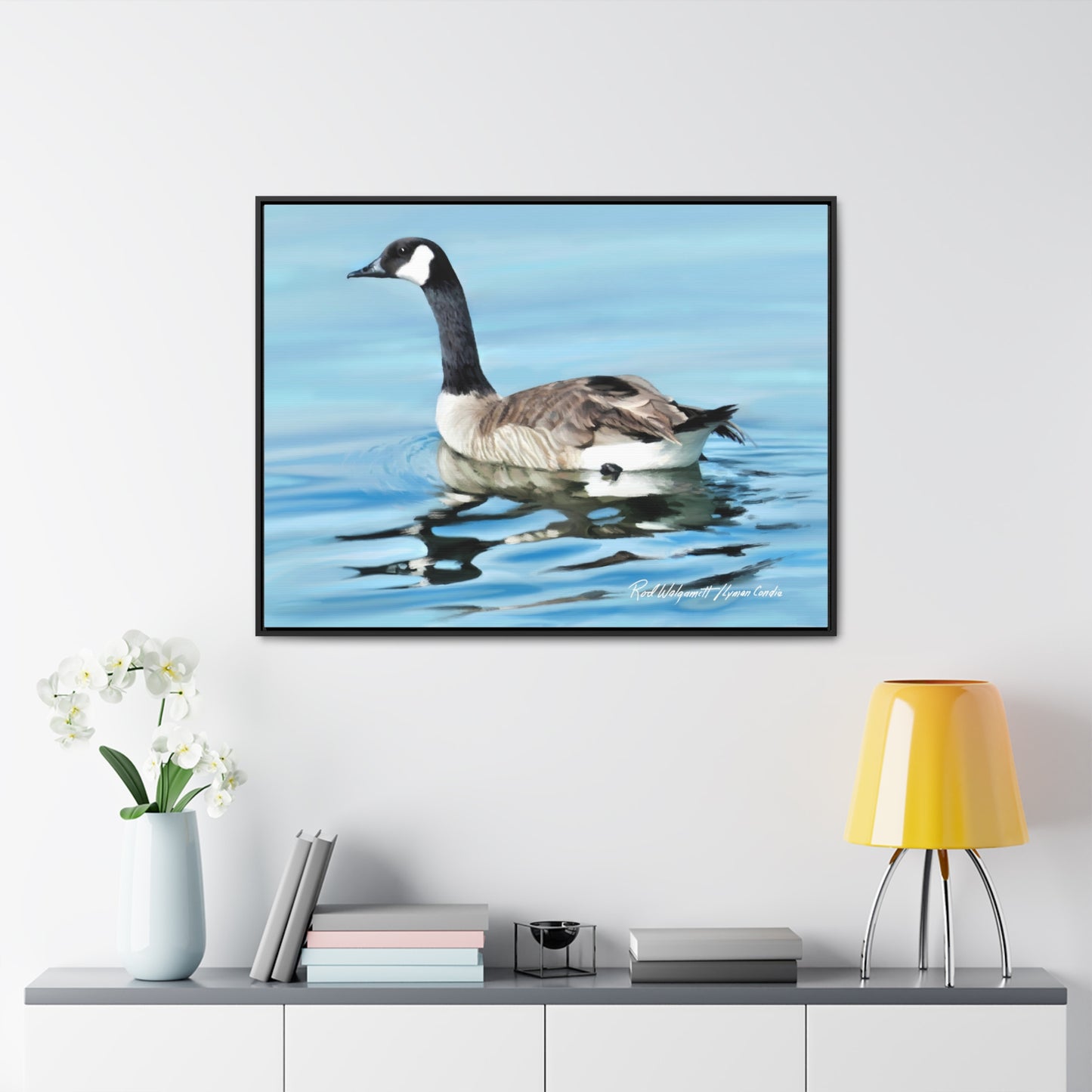Stretched Canvas Print in Wood Frame, Canada Goose on Stansbury Lake , by Rod Walgamott
