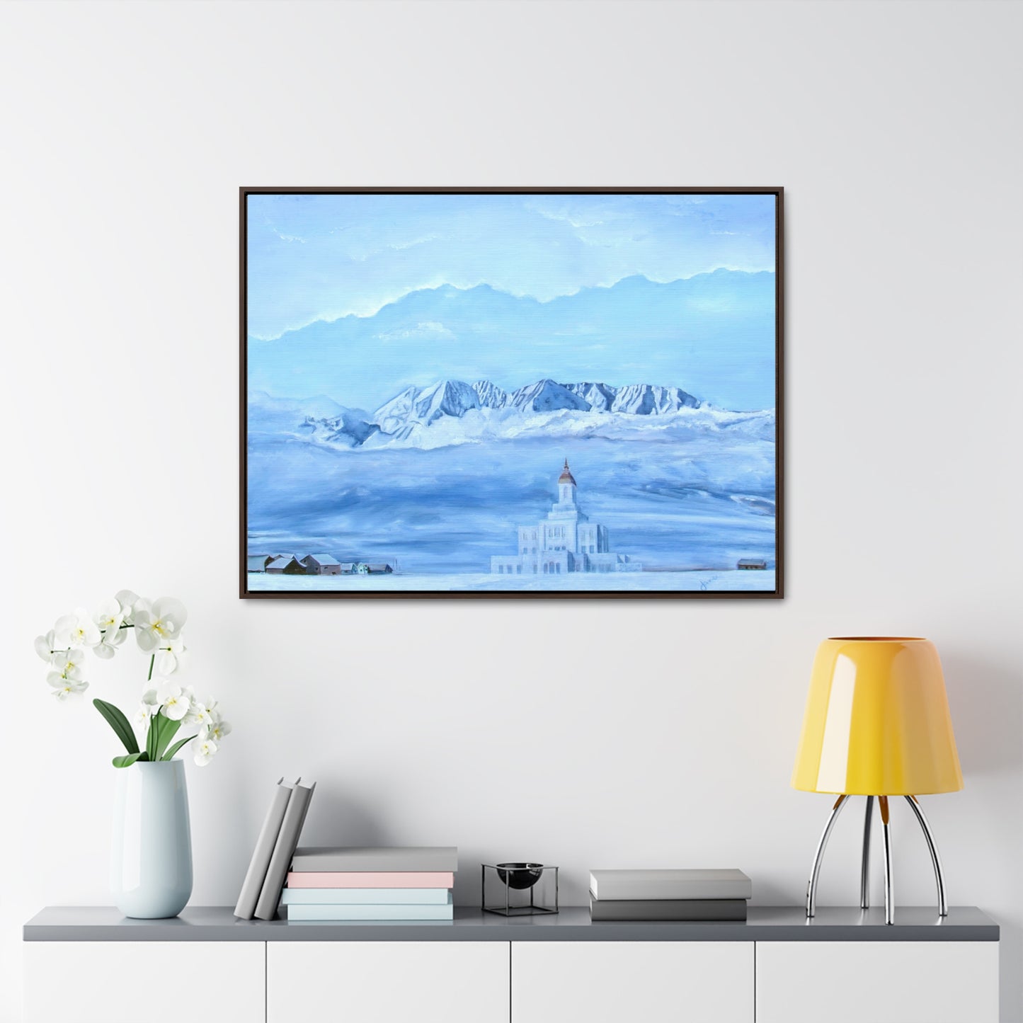 Stretched Canvas Print in Wood Frame--Deseret Peak Temple--Hope in the Bleak of winter by Jane Autry