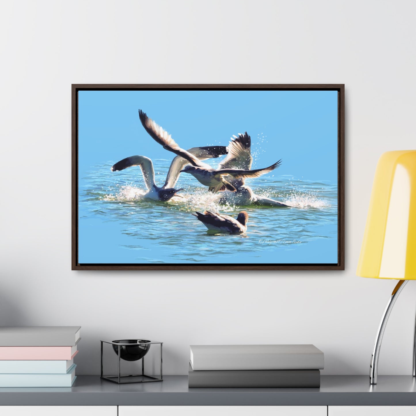 Stretched Canvas Print in Wood Frame, Gull Fight on Stansbury Lake, by Rod Walgamott