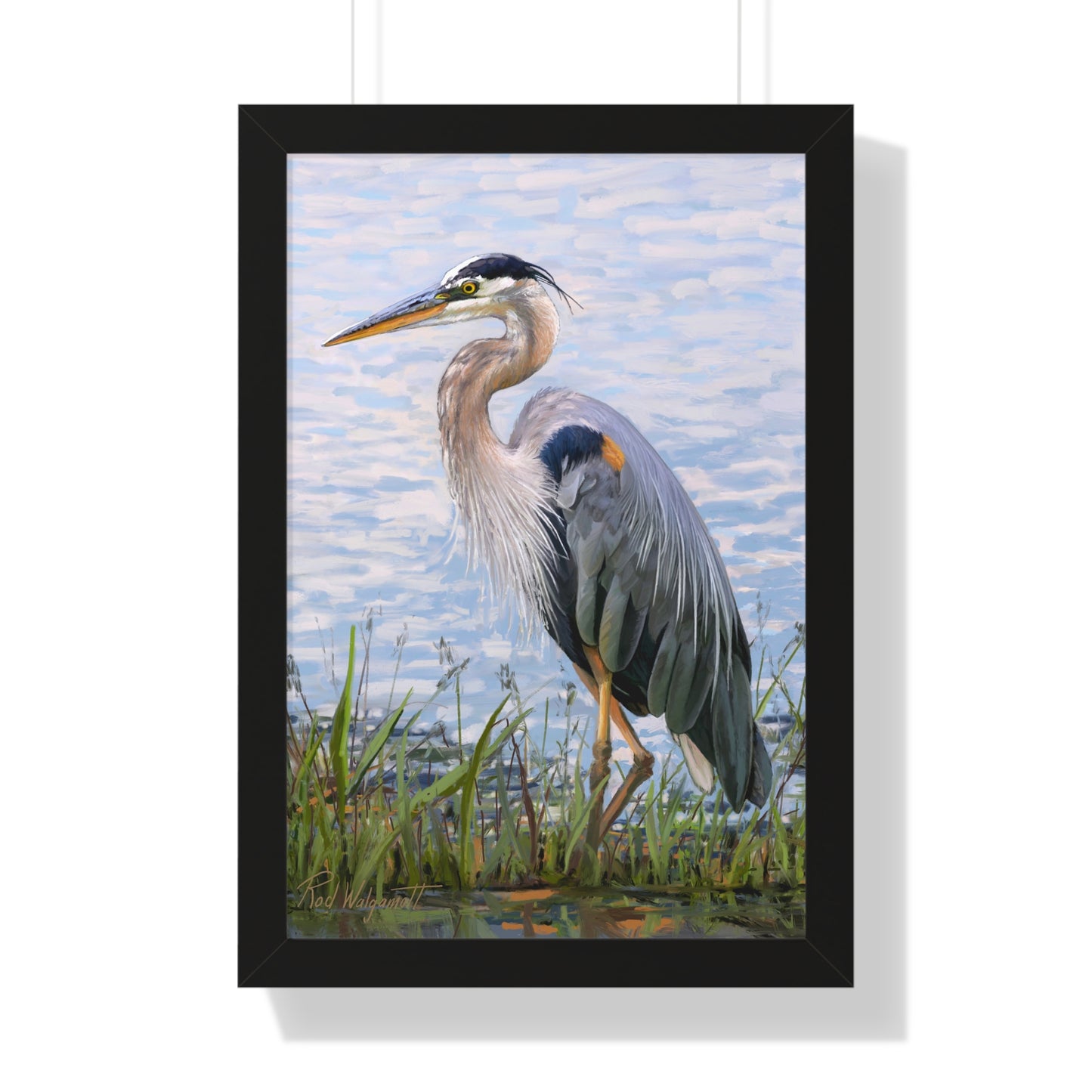 Framed Matte Print, Blue Heron at Stansbury Lake, by Rod Walgamott