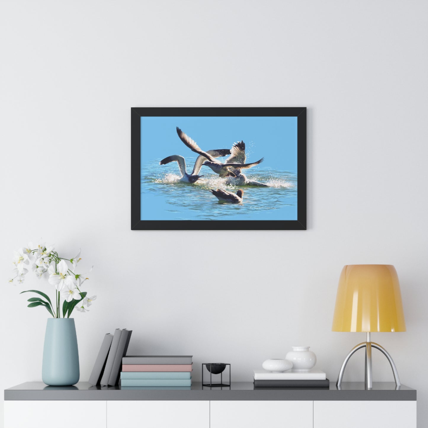 Framed Matte Print, Gull Fight on Stansbury Lake, by Rod Walgamott