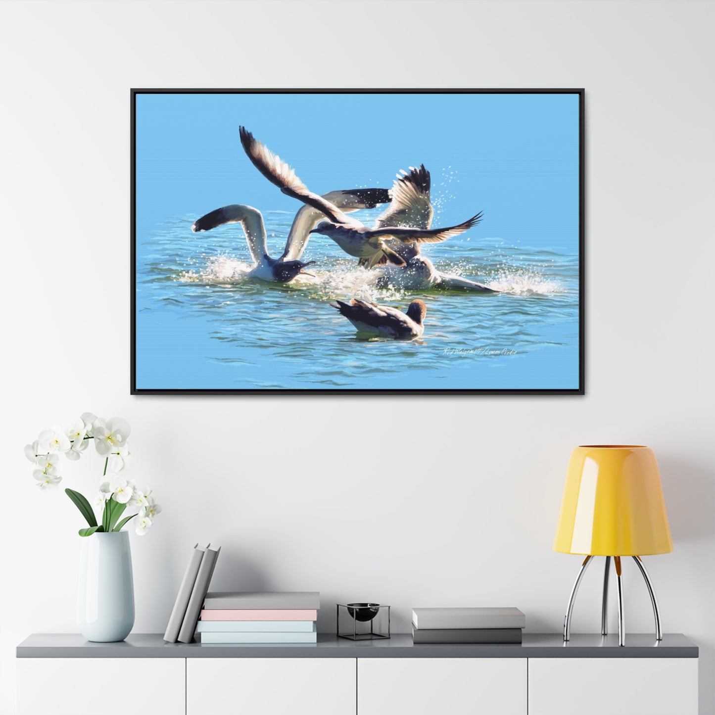 Stretched Canvas Print in Wood Frame, Gull Fight on Stansbury Lake, by Rod Walgamott