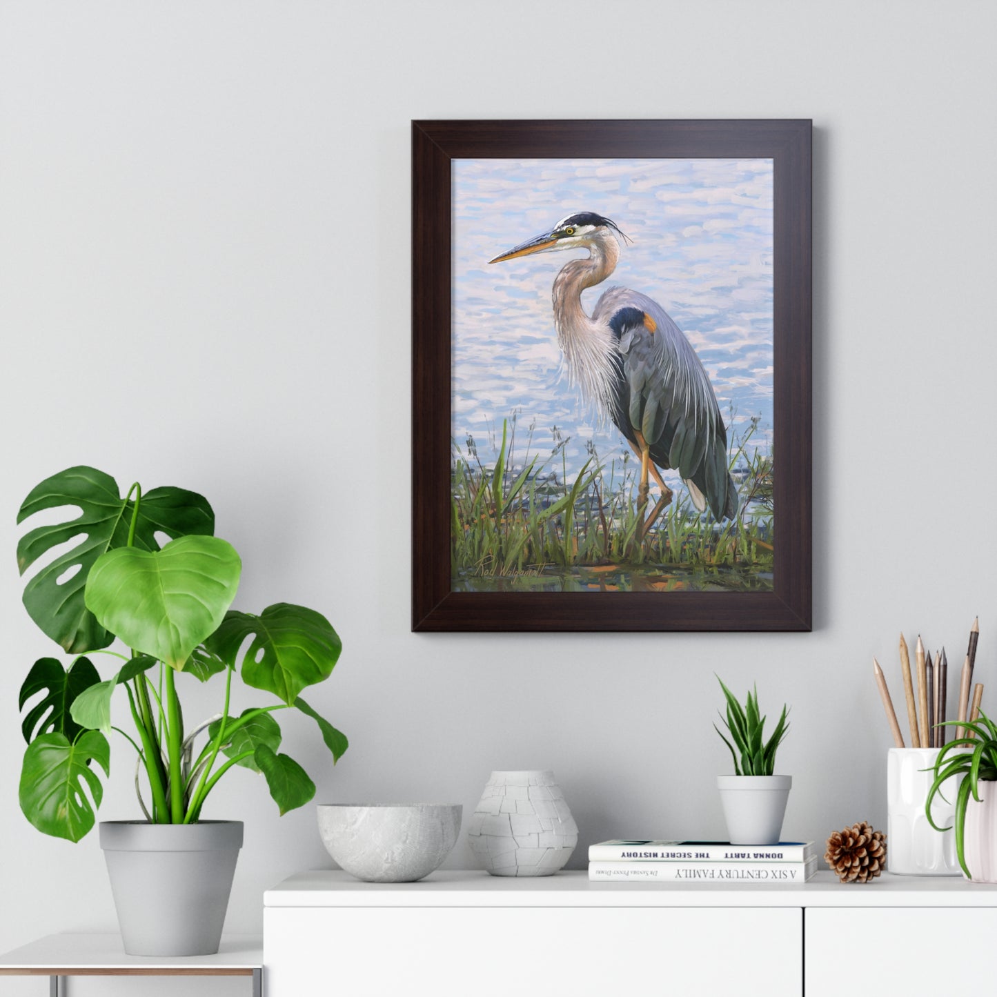 Framed Matte Print, Blue Heron at Stansbury Lake, by Rod Walgamott