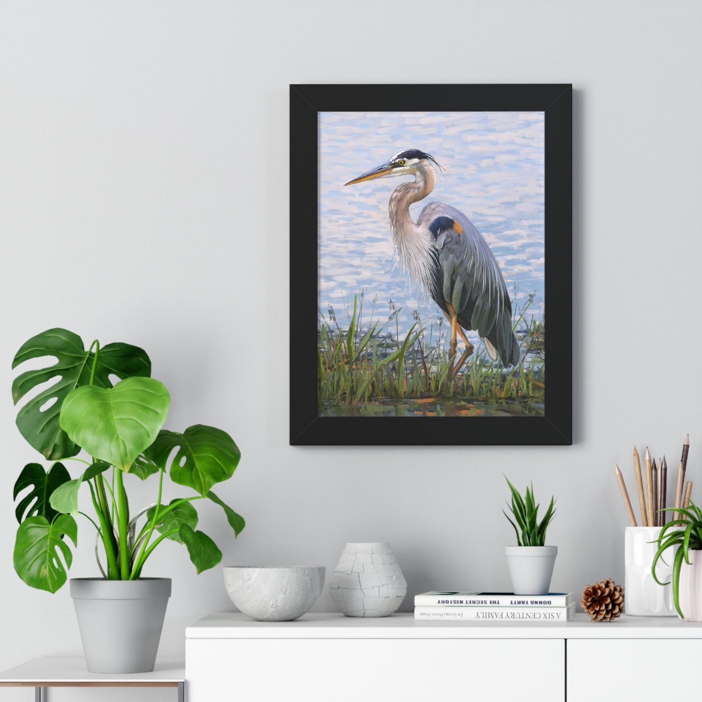 Framed Matte Print, Blue Heron at Stansbury Lake, by Rod Walgamott