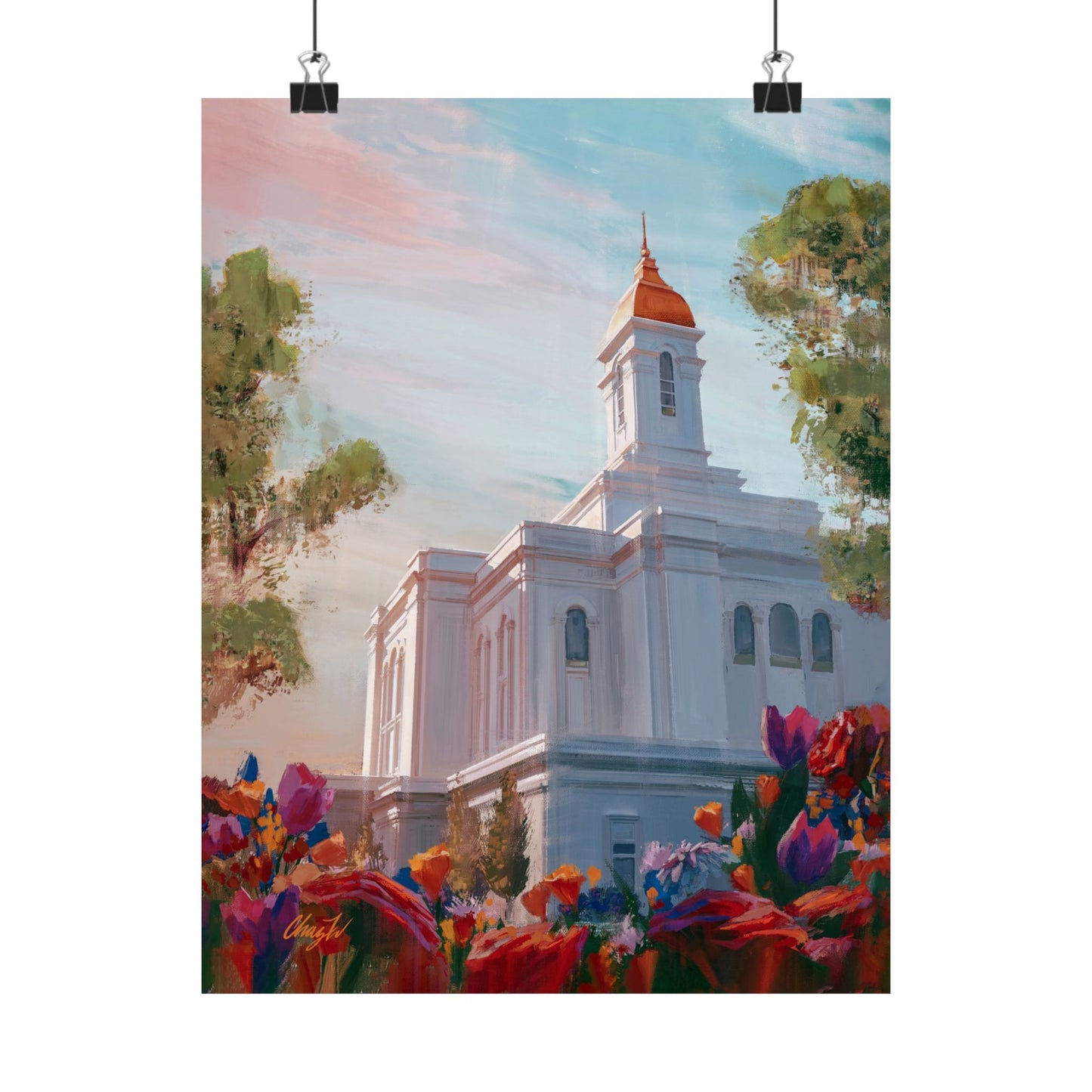 Premium Matte Paper Print, Deseret Peak Temple--Spring Flowers, by Chaz Walgamott