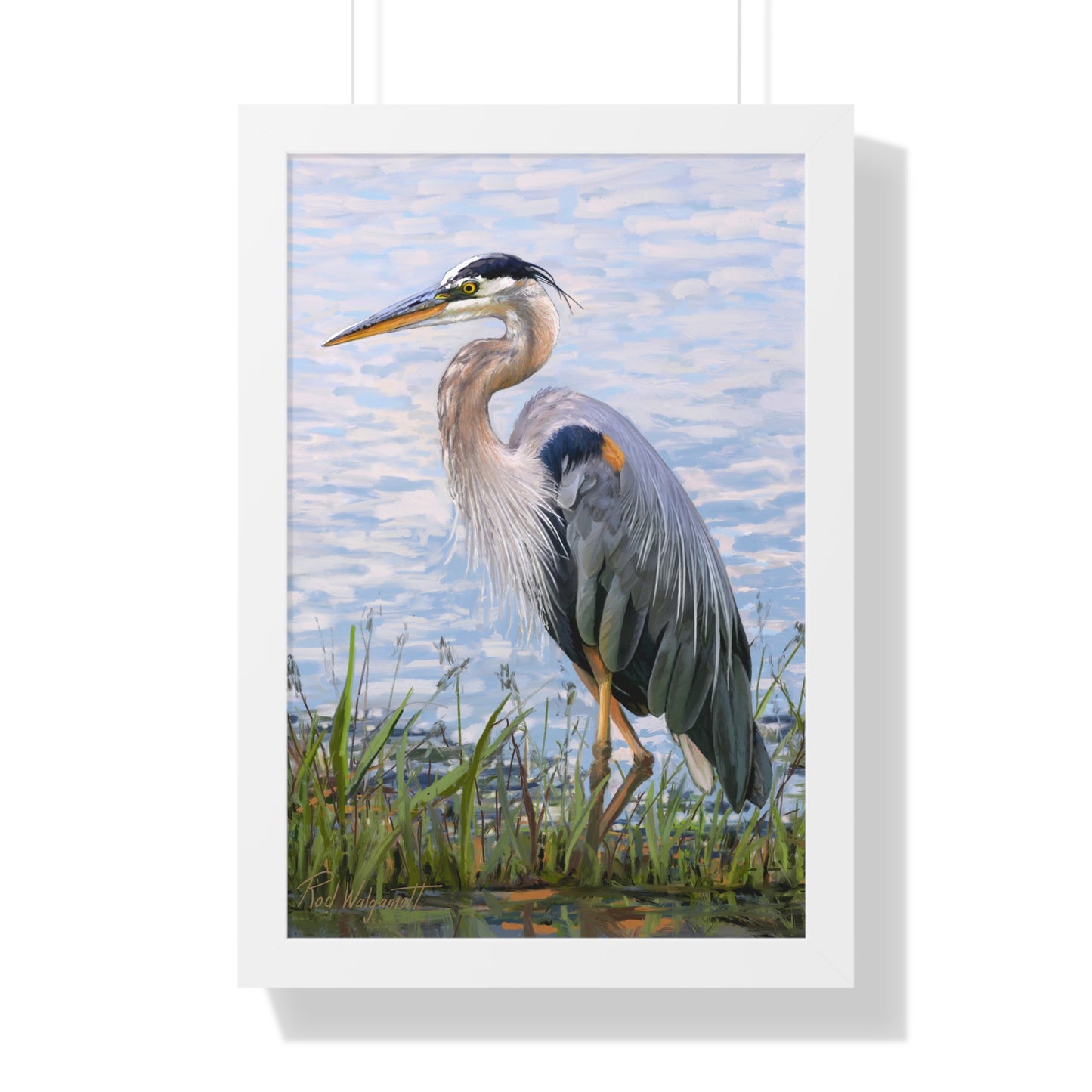Framed Matte Print, Blue Heron at Stansbury Lake, by Rod Walgamott