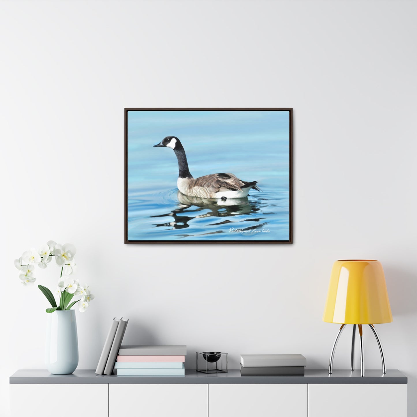 Stretched Canvas Print in Wood Frame, Canada Goose on Stansbury Lake , by Rod Walgamott