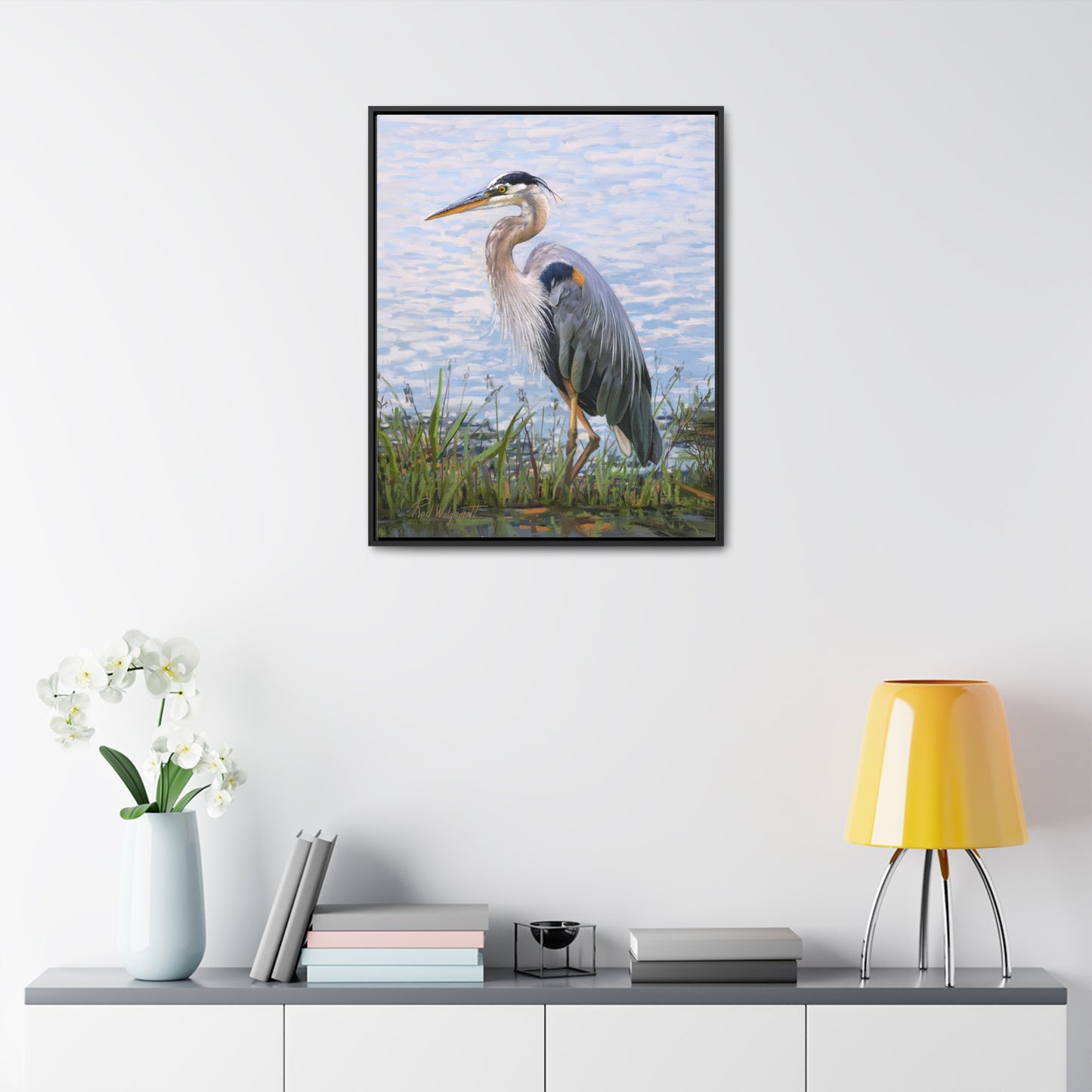 Framed canvas Wrap, Blue Heron at Stansbury Lake, by Rod Walgamott