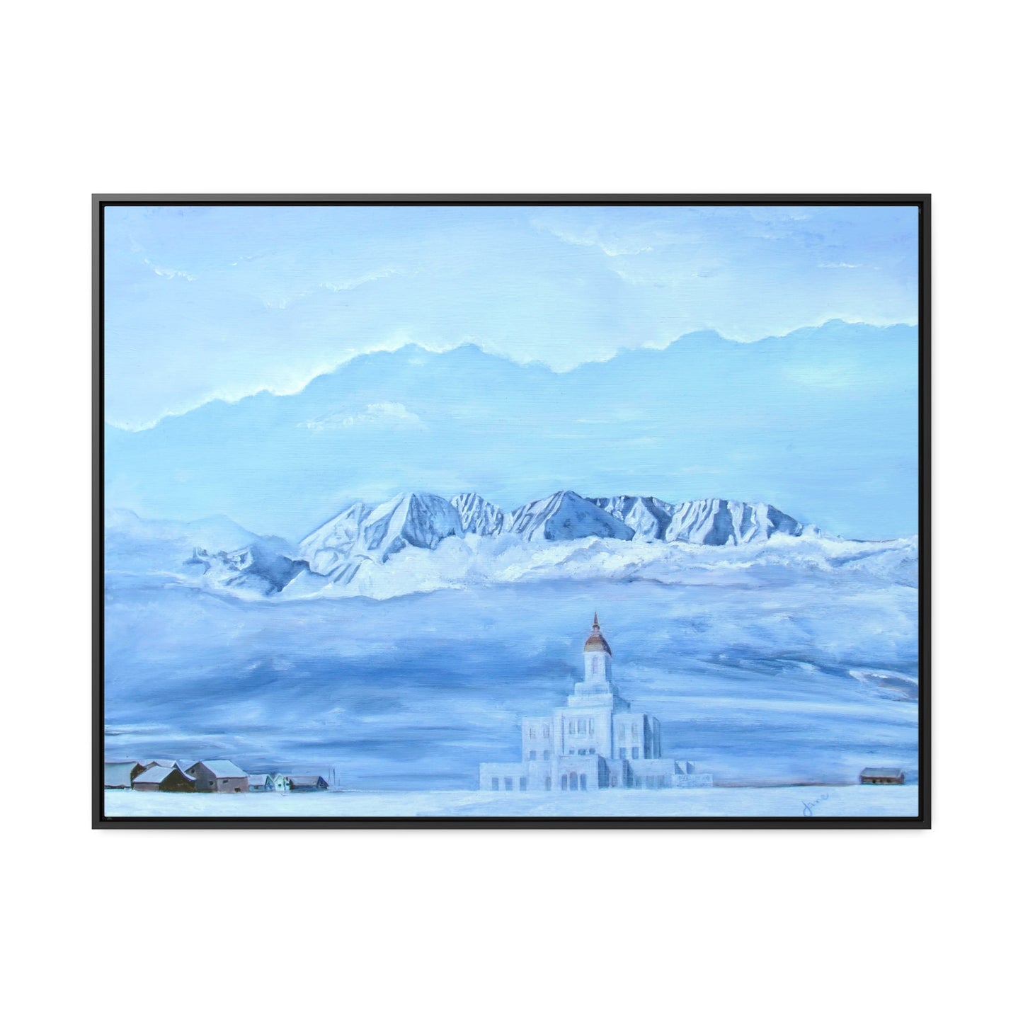 Stretched Canvas Print in Wood Frame--Deseret Peak Temple--Hope in the Bleak of winter by Jane Autry