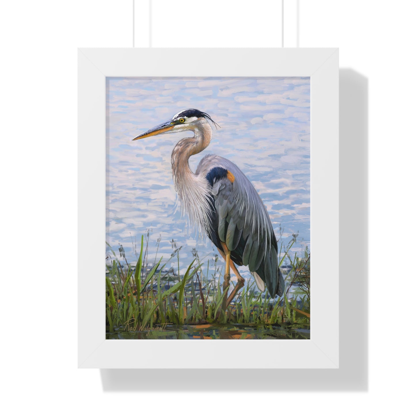 Framed Matte Print, Blue Heron at Stansbury Lake, by Rod Walgamott