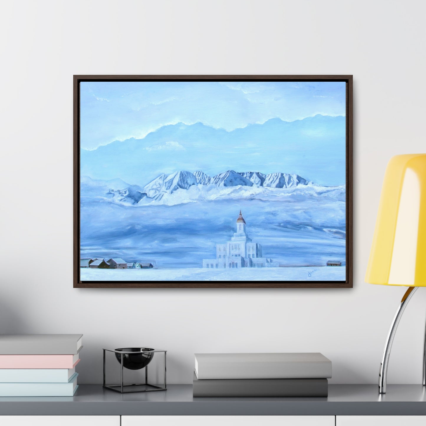 Stretched Canvas Print in Wood Frame--Deseret Peak Temple--Hope in the Bleak of winter by Jane Autry