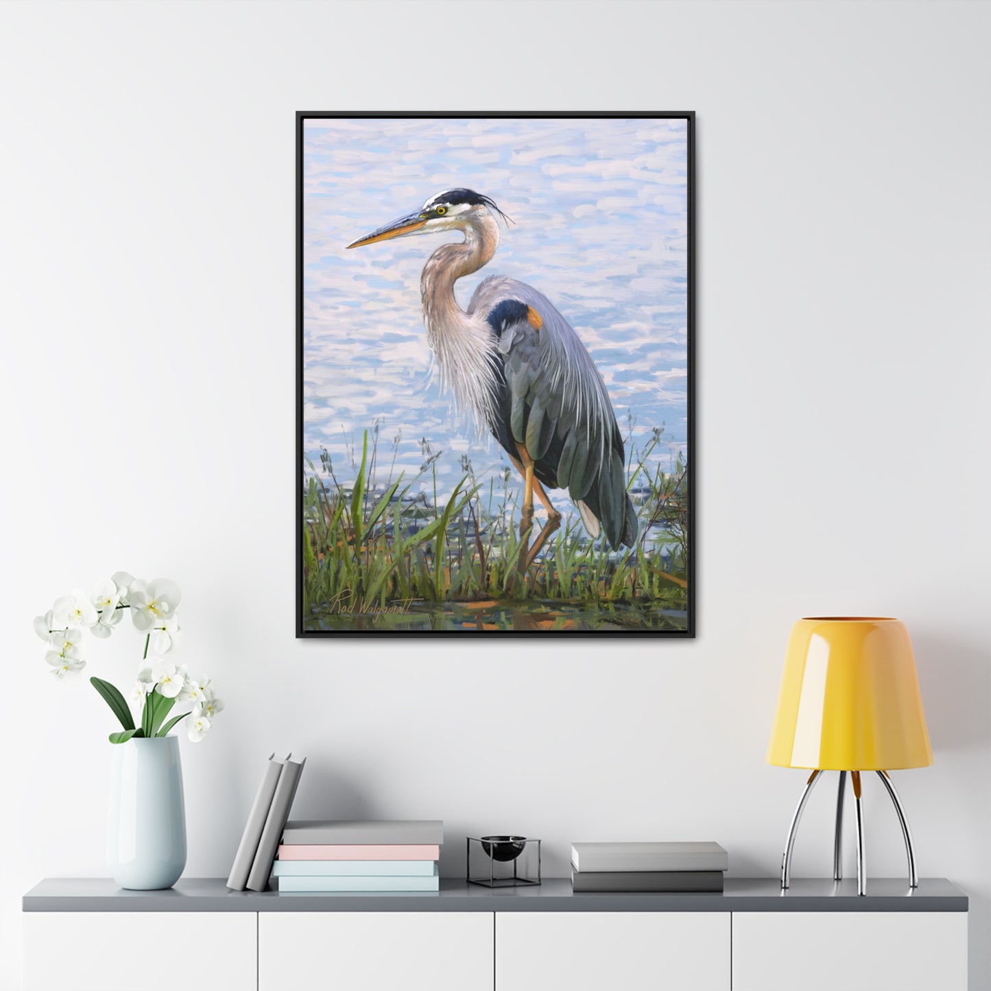 Framed canvas Wrap, Blue Heron at Stansbury Lake, by Rod Walgamott