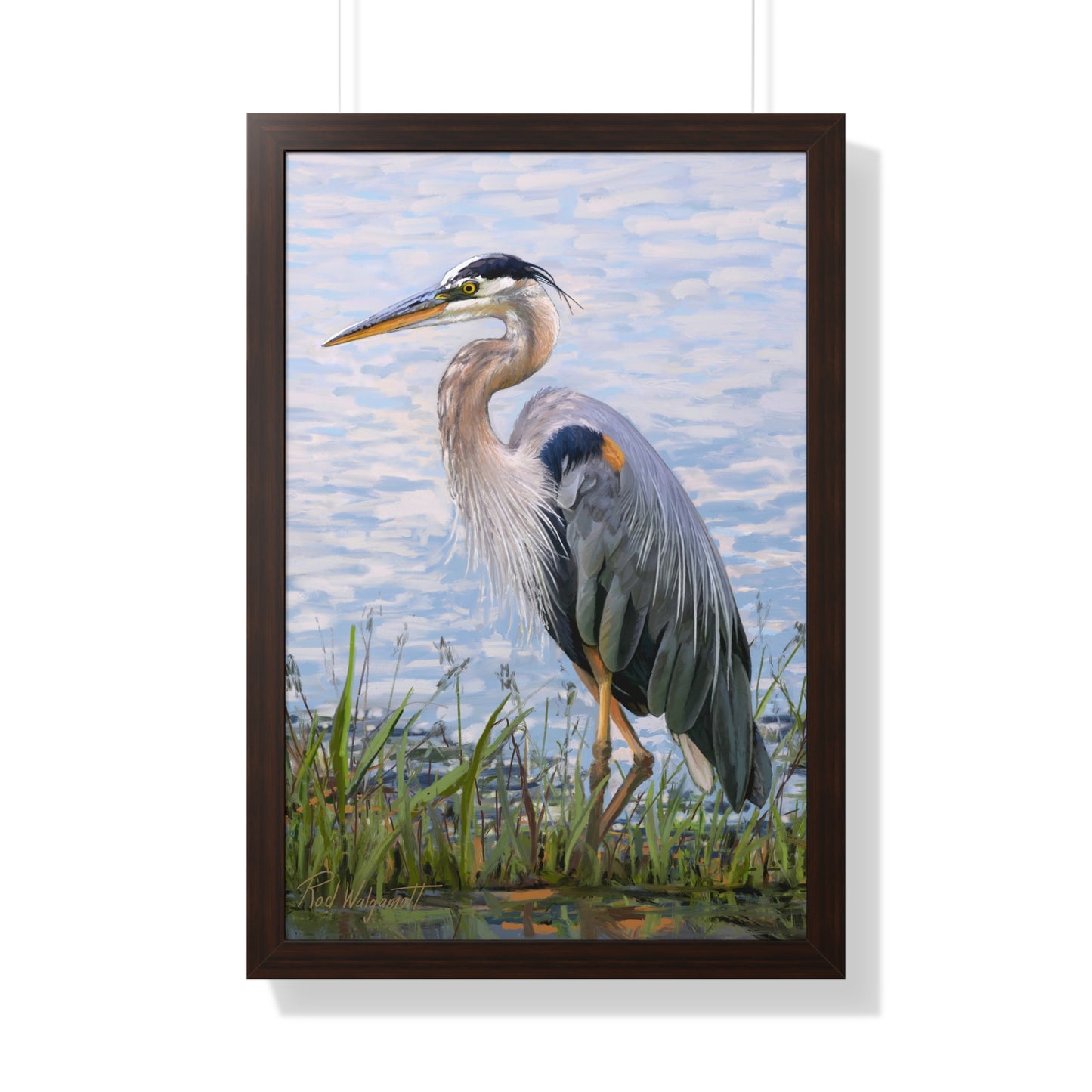Framed Matte Print, Blue Heron at Stansbury Lake, by Rod Walgamott