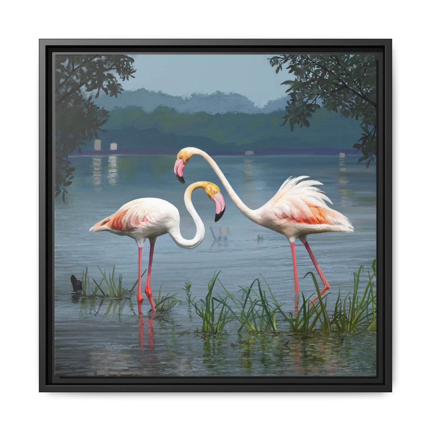 Framed Flamingo Canvas Art – Flamingo Dance by Rod Walgamott