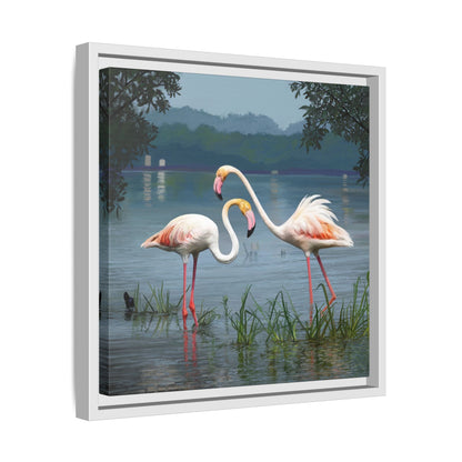 Framed Flamingo Canvas Art – Flamingo Dance by Rod Walgamott