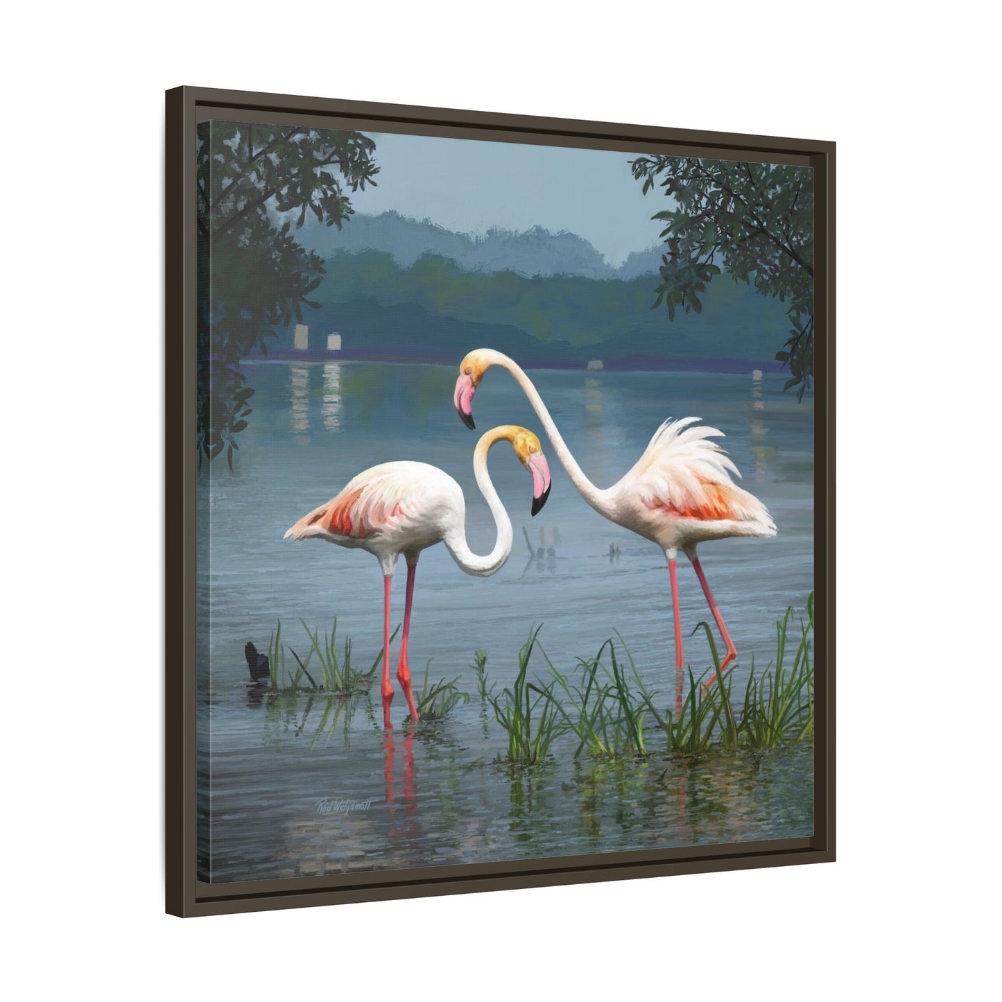 Framed Flamingo Canvas Art – Flamingo Dance by Rod Walgamott