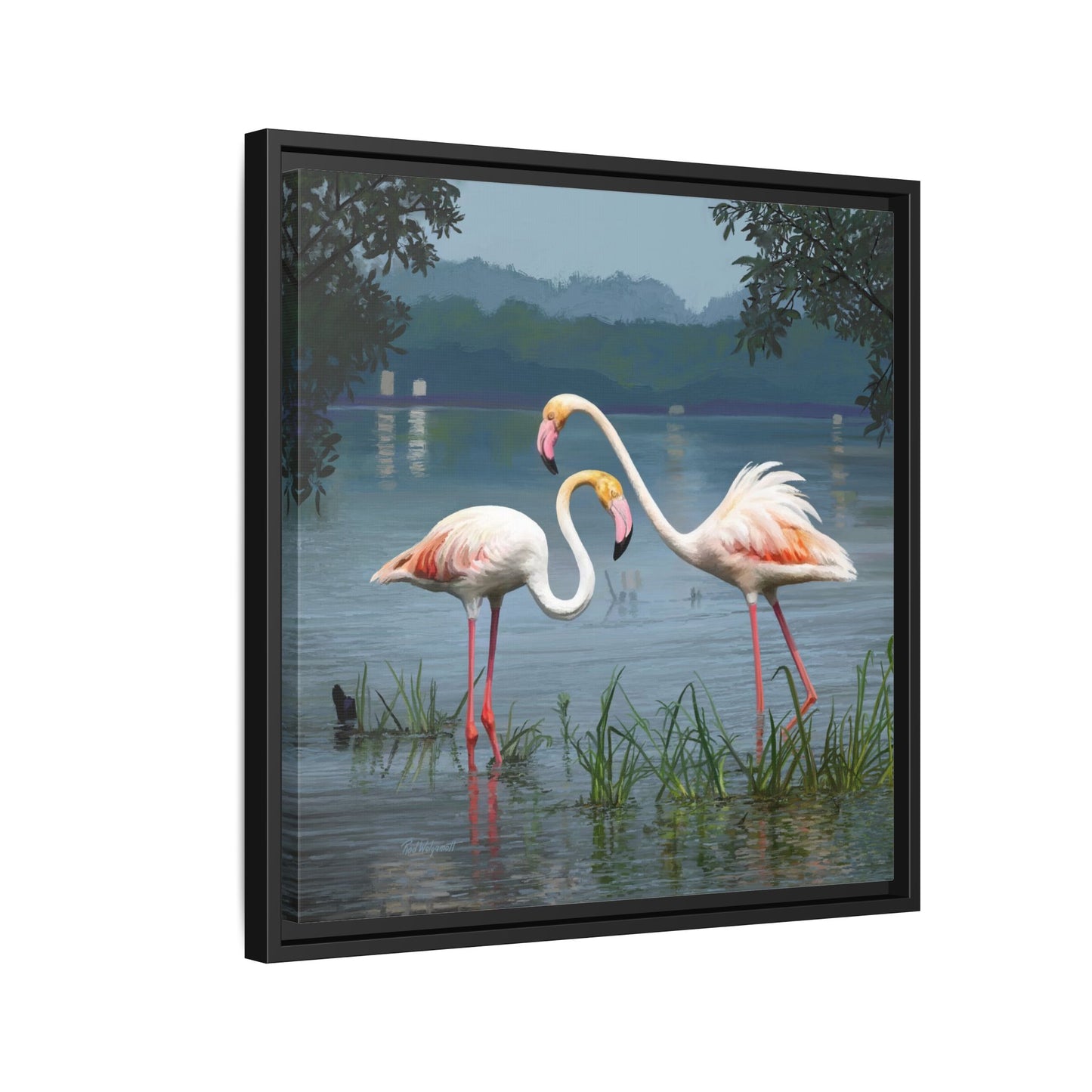 Framed Flamingo Canvas Art – Flamingo Dance by Rod Walgamott