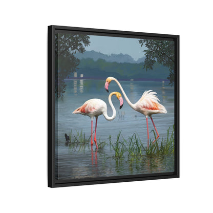Framed Flamingo Canvas Art – Flamingo Dance by Rod Walgamott