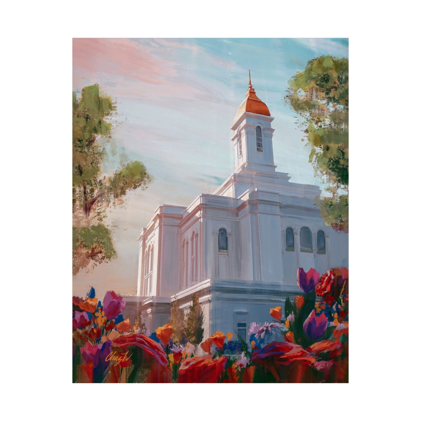 Premium Matte Paper Print, Deseret Peak Temple--Spring Flowers, by Chaz Walgamott