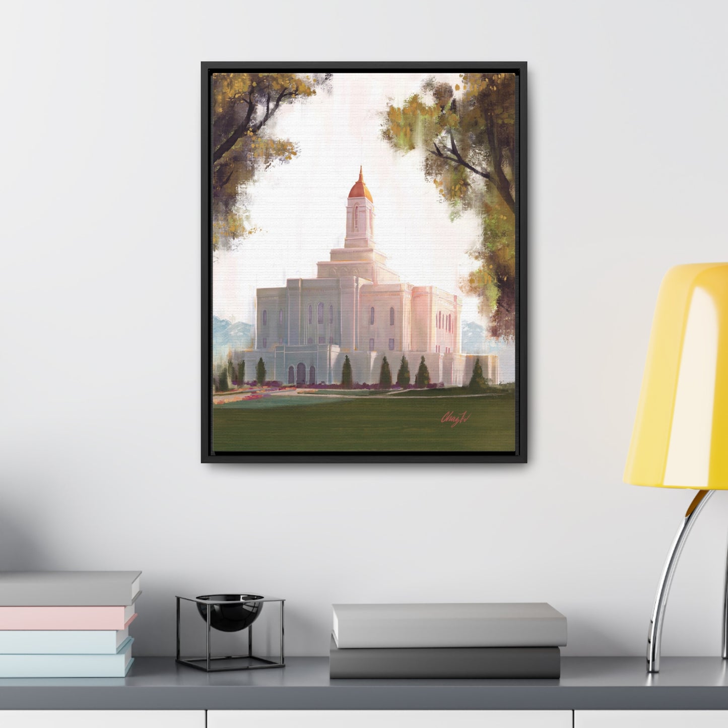 Framed canvas Wrap, Deseret Peak Temple, Golden D by Chaz Walgamott
