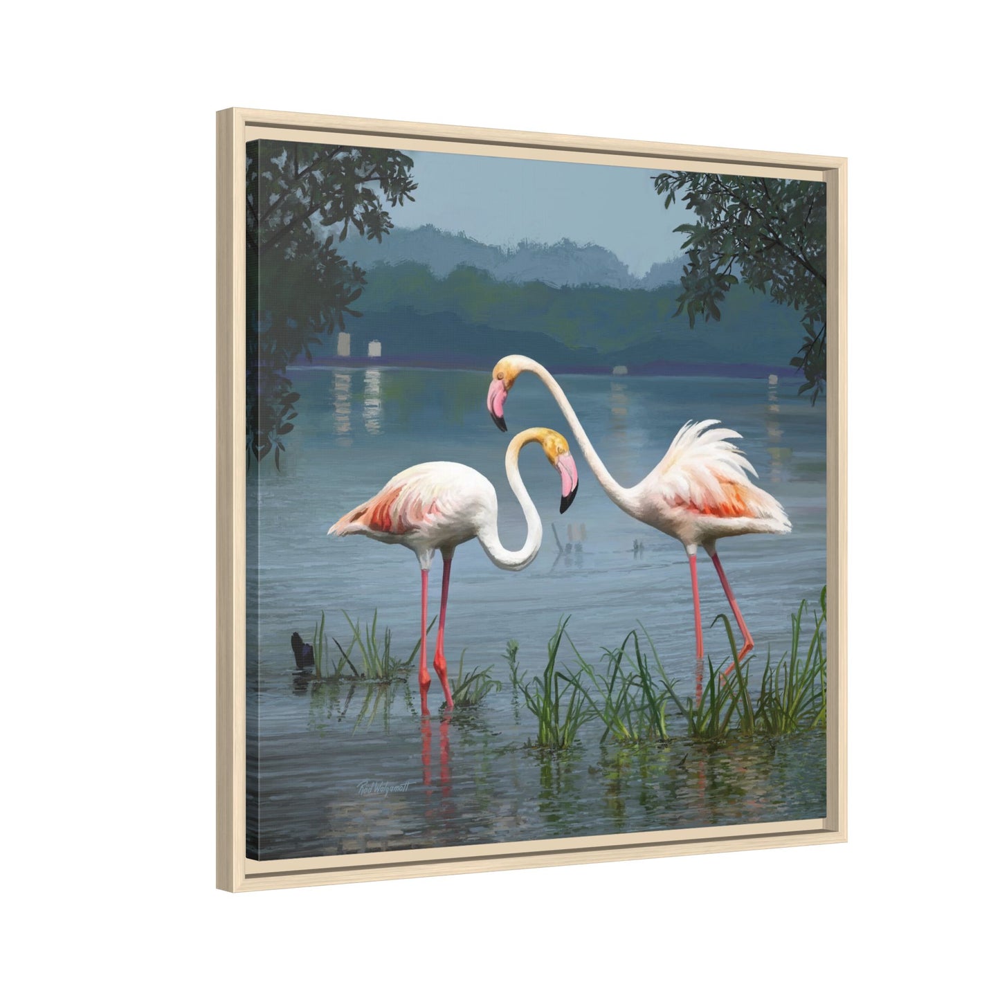 Framed Flamingo Canvas Art – Flamingo Dance by Rod Walgamott